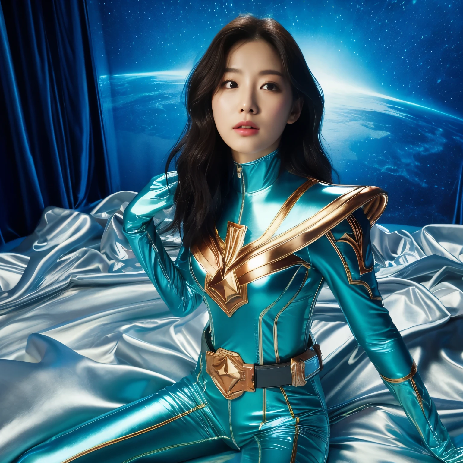 best image quality、Super high resolution、(realism:1.4)、Korean beauty star、The most beautiful KPOP star、face、Horny Korean makeup、erotic expression、A body that makes you want to touch it、Erotic photos、Realistic satin fabric texture、Costume made of stretch satin fabric that is smooth to the touch、The drape of the curved part of the satin fabric、Strong luster of costume、costume quality、8K photo quality、Costume made of high-quality satin fabric with high density、Super-class battle leather cloak with a smooth texture、Super Sentai Women&#39;s Heroine Suit、Super-class battleship shiny costumes、Texture of costumes that satin fetishists respond to、Thin, glossy stretch satin fabric、