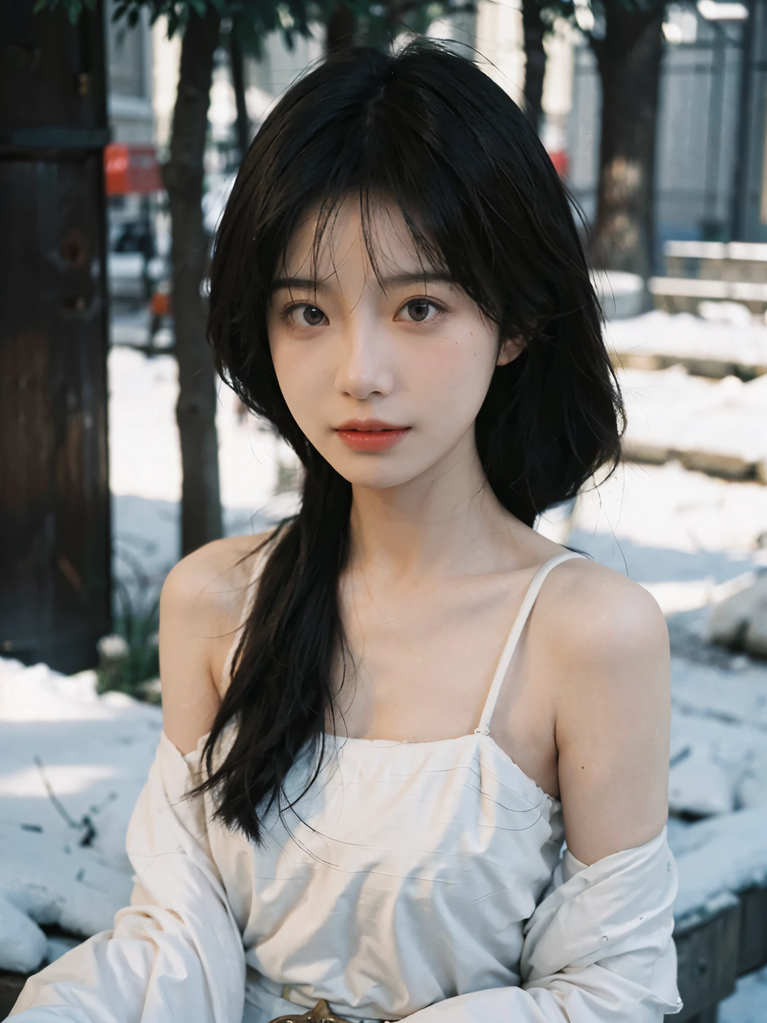 Film portrait photography, 2 girls, bare shoulders, Shoulder length wavy hair, Snow-white cheongsam,(Realistic and detailed eyes, natural skin texture, Realistic facial details),, depth of field, Bokeh, Vibrant details, Detailed and detailed, Surrealism, 35mm film, hazy, ,self-shot,