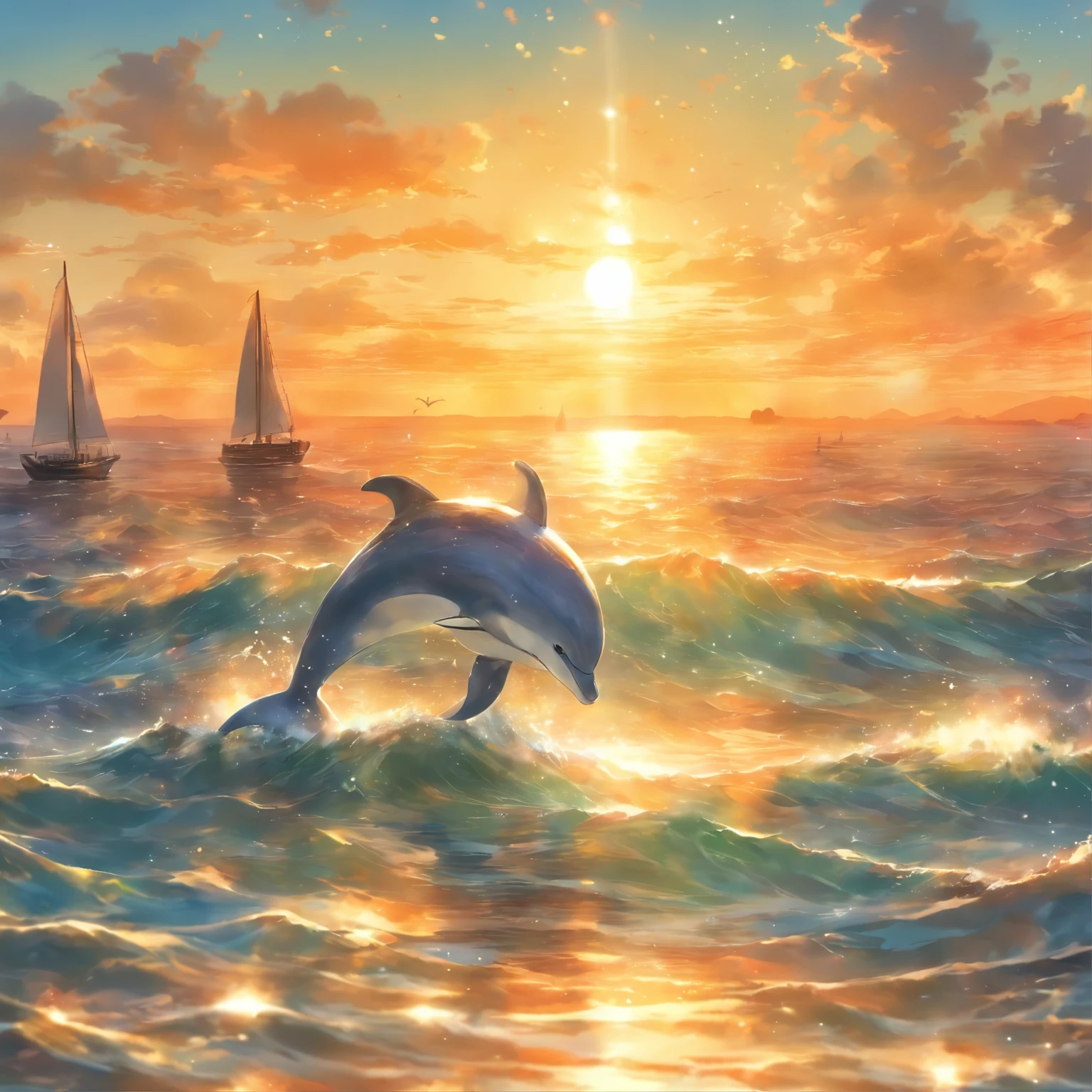 endless ocean, The sun reflects golden light on the water surface, There's a lonely sailboat in the distance, A beautiful dolphin swimming in the sea towards a sailing ship,The sea is calm like a mirror,big scene, lots of details. lots of details, lots of details,figure, watercolor on textured paper,