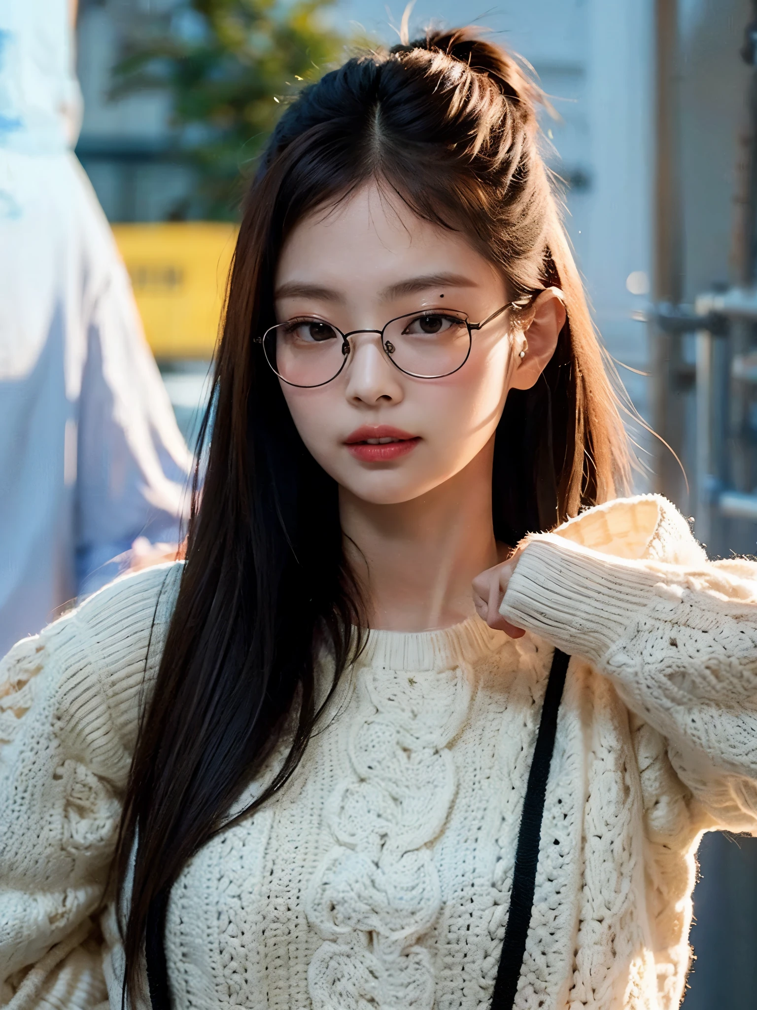 Jennie kim en su despacho con gafas de ver, ambiente oscuro, black room and fierce look.