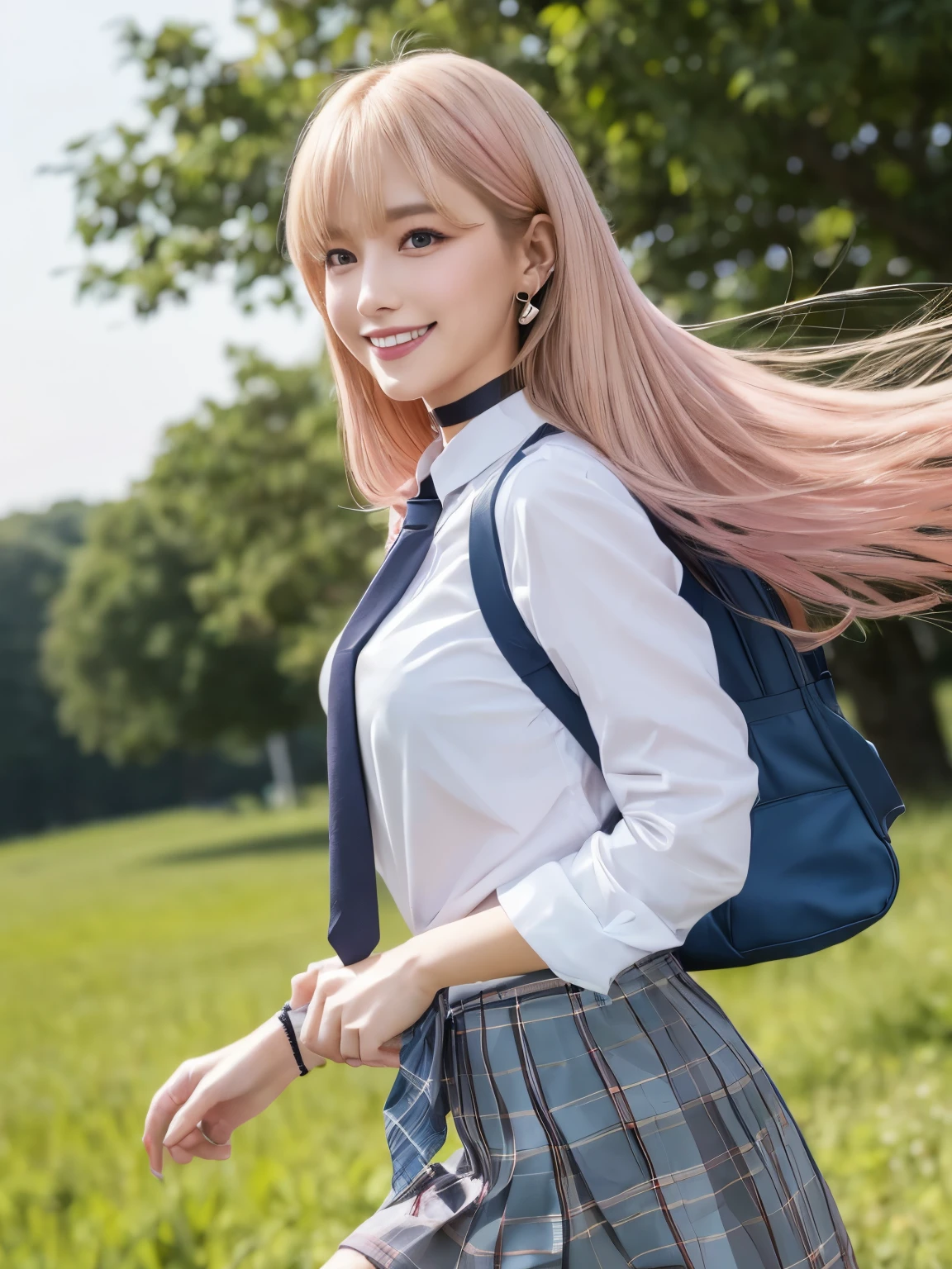 8K, highest quality, masterpiece, realistic, ultra detail, photo realistic, Improvement of quality,(looking at viewer), (running in the field:1.5),(blonde hair:1.5, pink gradient hair:1.3),((long straight hair:1.5, flowing bangs,colorful hair, red eyes,natural makeup,pink eyeshadow)),(Height 164cm,Neck circumference 27.3cm,bust 87cm,Under bust 68cm,Hip 85cm,Thigh circumference 93.8cm,Waist 59cm,Shoulder width 35cm,Arm circumference 22.9cm,79cm under the buttocks),Japanese, a photo of girl, (jewelry,earrings, white shirt, Shirt with tie, black choker, blue tie, plaid skirt,loose socks、brown loafers),side light、noise reduction、pale and soft light、diffused glow、hair blowing in the wind、skirt fluttering in the wind,Soaring skirt、 photo bash, calm face,  beauty of nature, grin and laugh, smile,close up shot,MarinGyaru, school_uniform