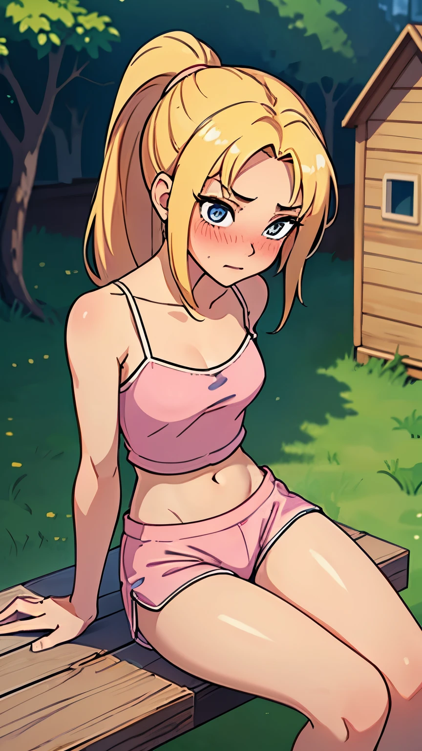 ((masterpiece)), (HQ), (4K), (high detailed), (((best quality))), (detailed face), (beautiful, cute, pretty girl), (slender 18yo teen girl), ((high ponytail)), (blushing:1.5), ((bare collar)), ((((spaghetti strap pyjamas)))), (pyjama shorts), (((bare midriff))), (skinny waist), (skinny thighs), (wood cabin), (blonde hair), (((view from top))), (((bare arms))), (((bare legs)), ((shy arms))