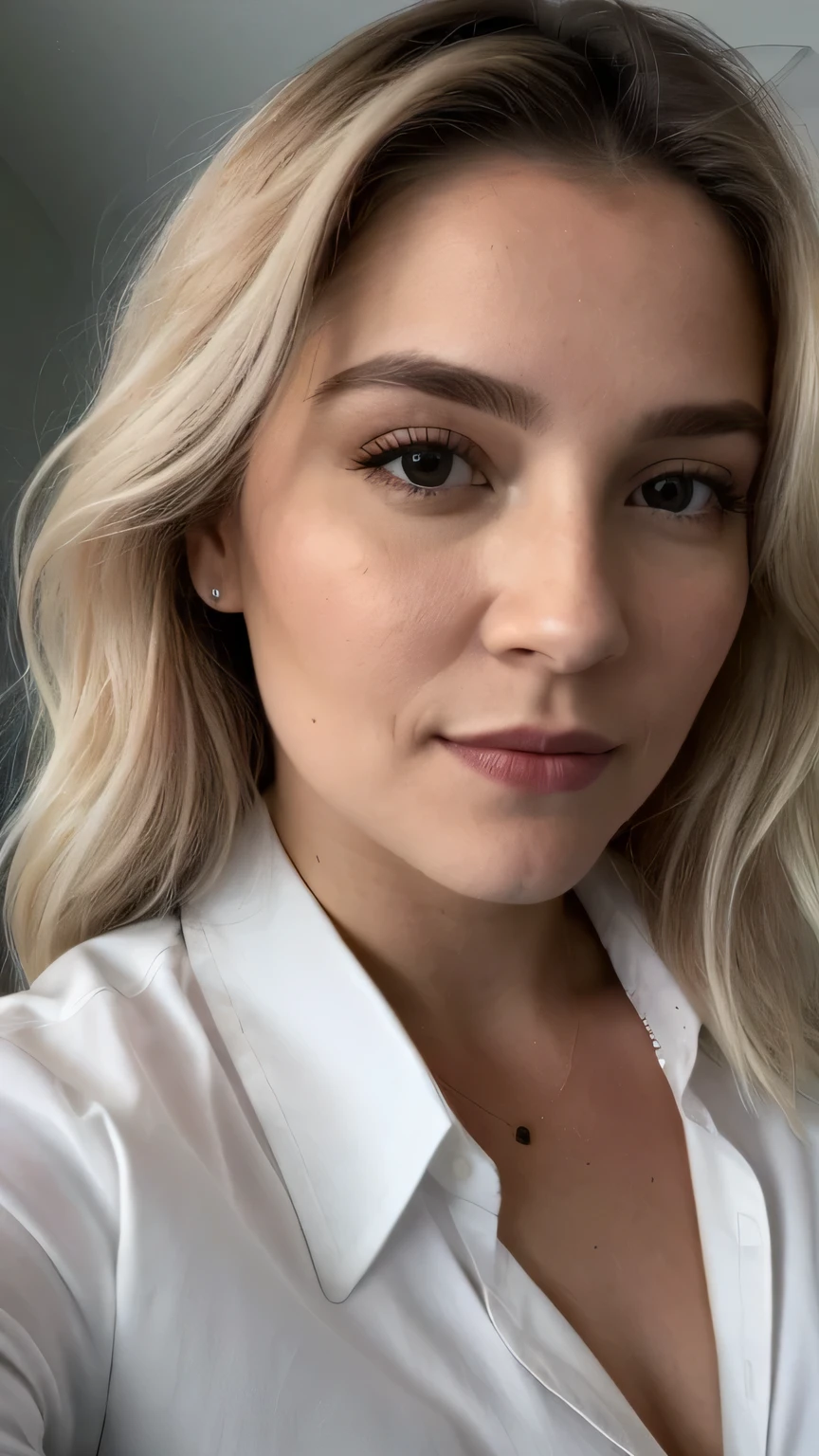 selfie portrait photo vue droite de 32 ans.o visage féminin blanc uniquement, porter une chemise grise, cheveux blonds sales ondulés, plan cinématographique, éclairage aveugle dramatique très sombre 8k uhd, palette de couleurs naturelles