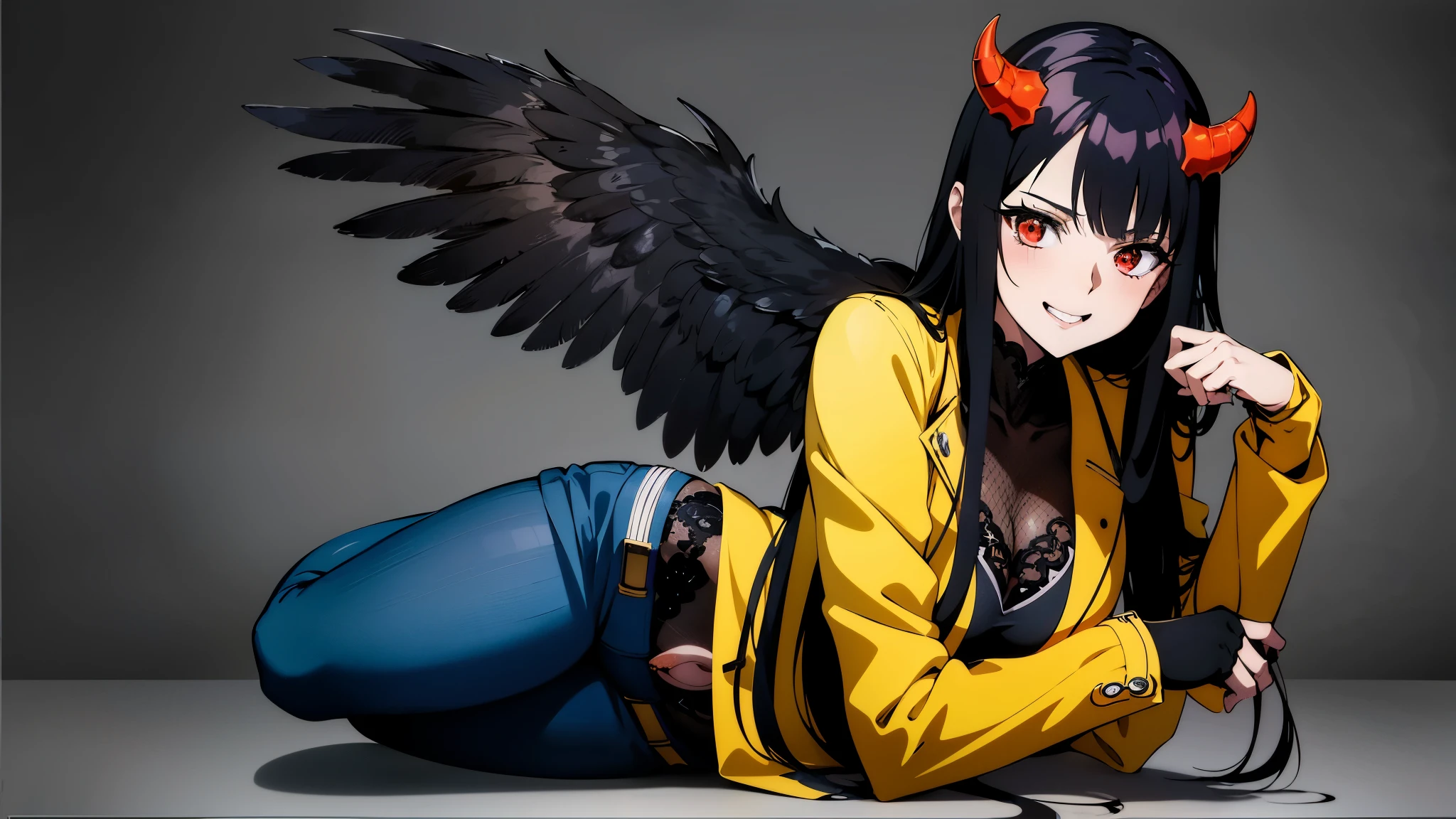 anime girl with black hair and horns laying on the ground, demon anime girl, anime style 4 k, high quality anime artstyle, albedo from the anime overlord, badass anime 8 k, best anime 4k konachan wallpaper, range murata and artgerm, anime moe artstyle, female anime character, albedo from overlord
