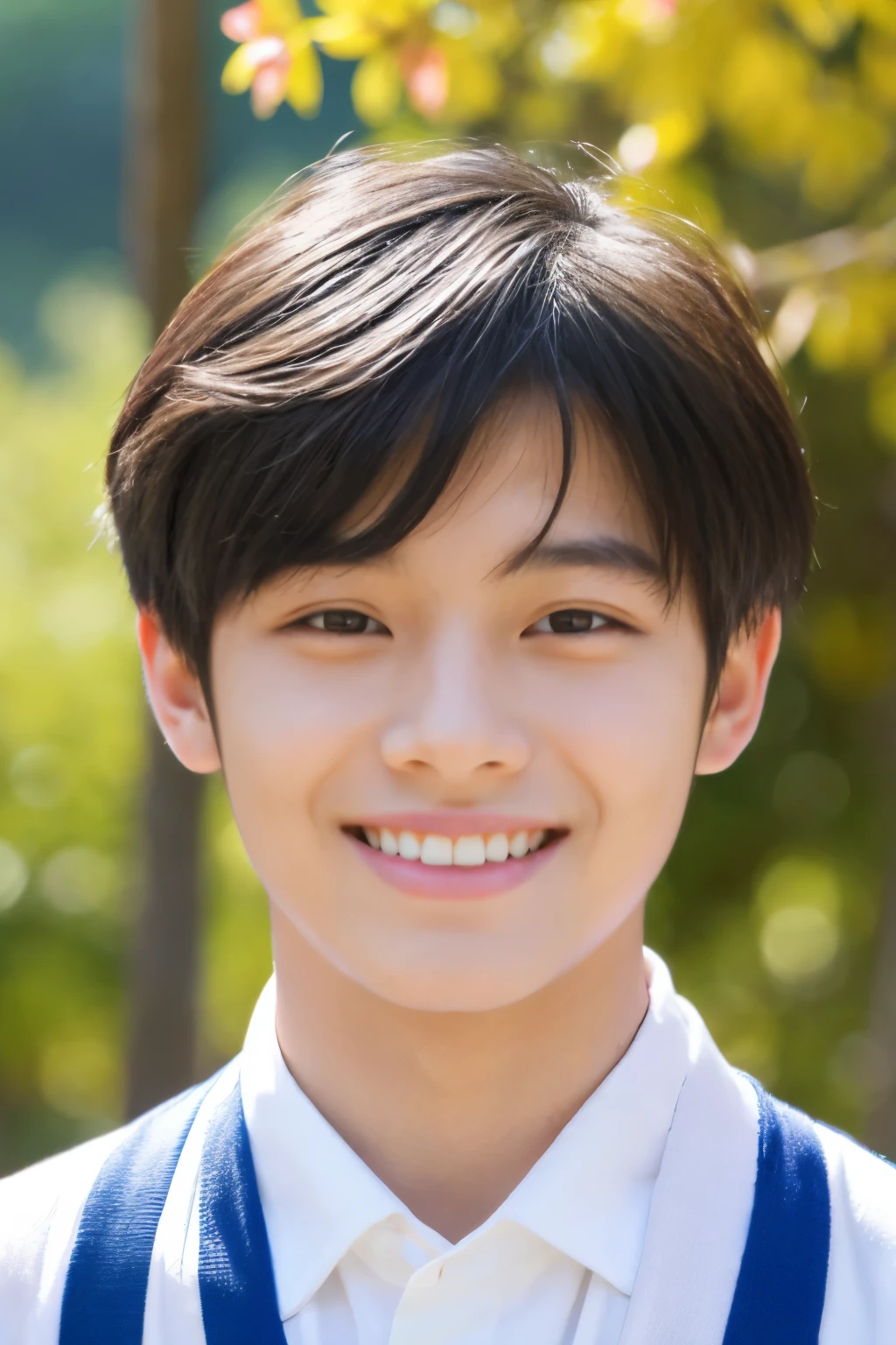 10 years old boy, short detailed hair，黑The eye，boy bust ，looking at the photographer，happy grin ，outdoor background，shallowdepthoffield