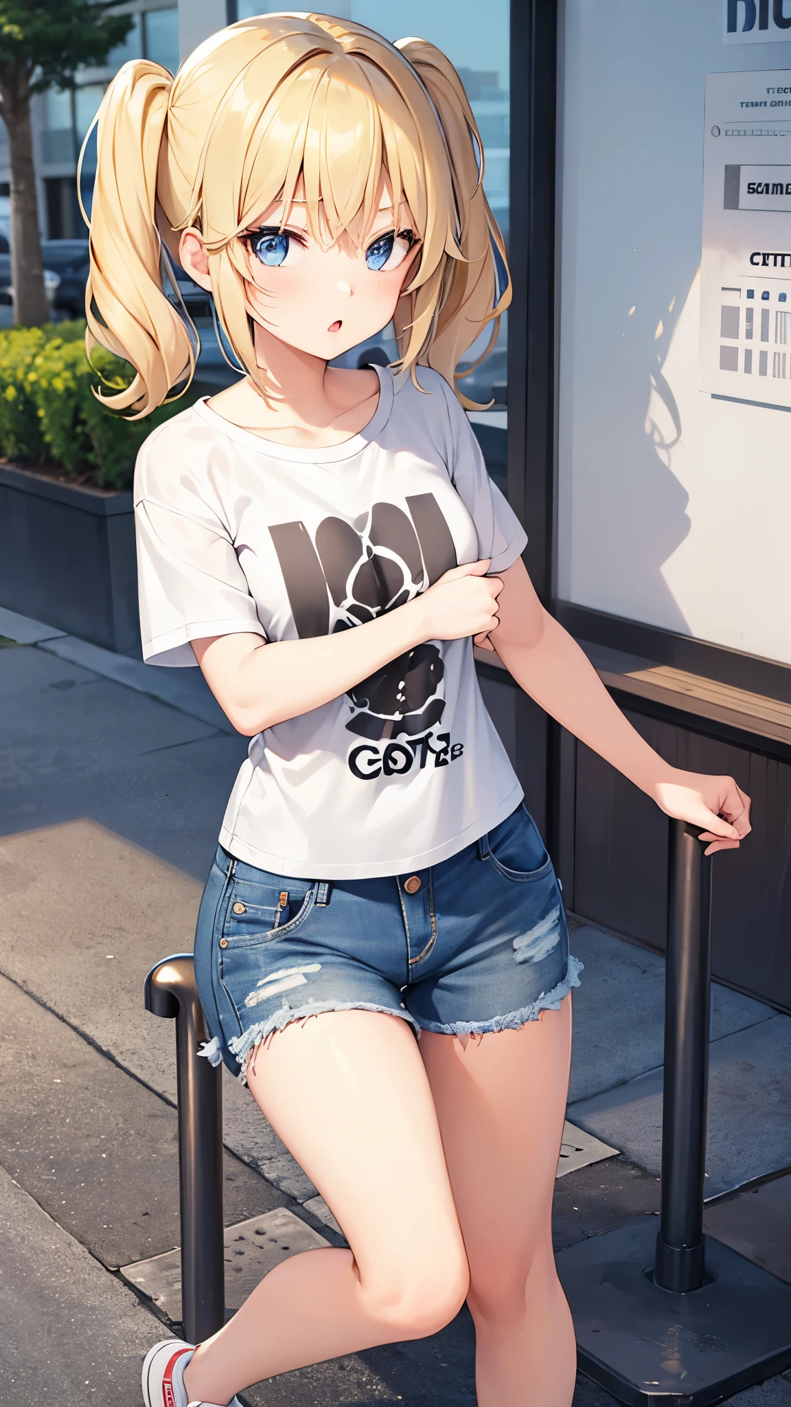 Girl, short twintail hair, blonde hair, blue eyes, cute girl, hot girl, t-shirt, short denim, converse shoes, city 