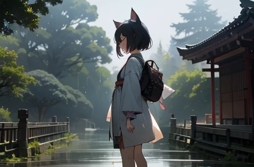 masterpiece, 最high quality, high quality, Highly detailed 8K wallpaper, landscape, outdoor,forest、japanese temple {{{Summer festival, ポスト荘厳なlandscape, Desolate and eerie atmosphere, crumbling building, overgrown plants, Undeservedly beautiful, dramatic lighting, Scattered debris, A sense of mystery and melancholy.}}}、girl、Cat ear、small、10 years old、cute、yukata、{Perfect thigh exposure lineup: 1.1},barefoot, {貧乳1:1}, {bust1:1}、yukataのみ、{yukata, no lingerie, 完璧なBare skin，: 1.6}、fun、Bare skin、fair skin、{transparent clothes｝、{Wet skin｝、{Revealing clothing｝、{short clothes｝、{disheveled clothes｝、{Light floating in the background 1:2｝、From the side、walk、whole body、