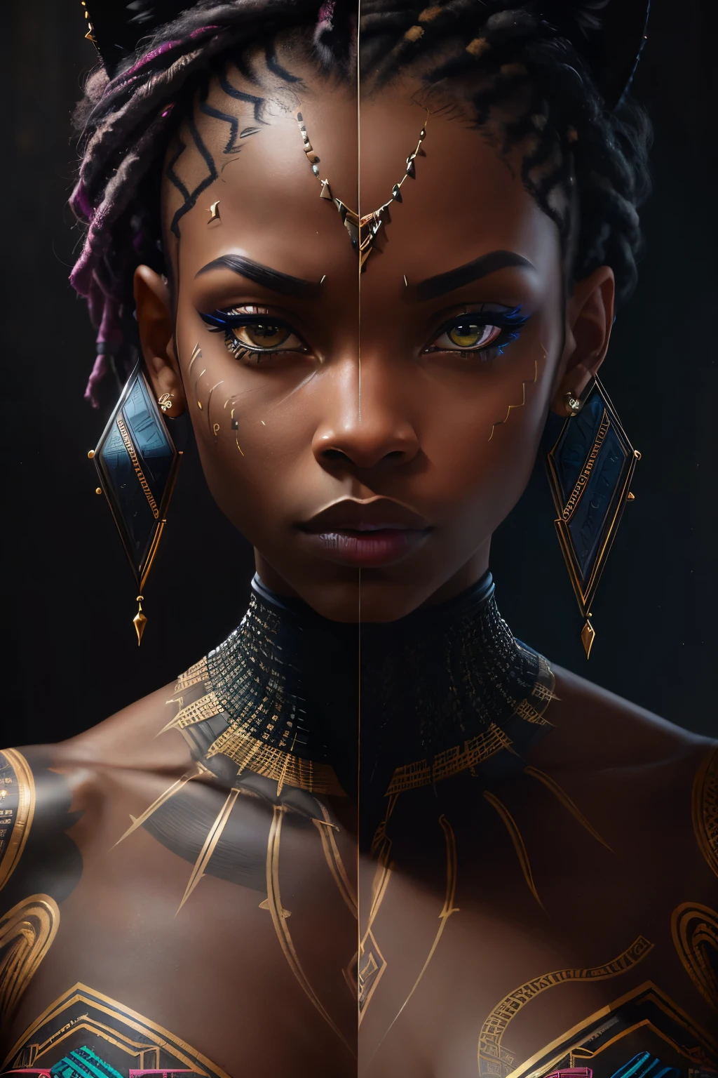 A stunning portrait of a female dressed as BLACK PANTHER emerges, showcasing intricate tattoos that adorn her visible full body. With a commanding gaze directed at the viewer, the image captures the essence of strength and intensity. The photography technique employed accentuates every minute detail of her skin, resulting in a realistic and photo-realistic depiction. The use of 8k resolution ensures an ultra-detailed representation, with each aspect of the composition meticulously crafted. The full-length frame allows for the appreciation of the character's entire presence, while the High detail RAW color art adds vibrancy and depth to the image. The combination of piercing and diffused soft lighting adds a touch of dramatic flair, enhancing the overall impact. Through the clever utilization of shallow depth of field