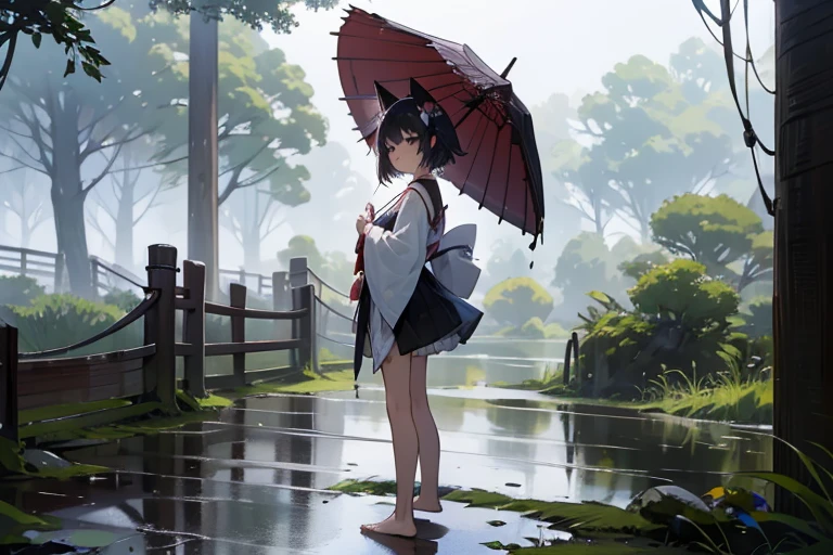 masterpiece, 最high quality, high quality, Highly detailed 8K wallpaper, landscape, outdoor,forest、japanese temple {{{Summer festival, ポスト荘厳なlandscape, Desolate and eerie atmosphere, crumbling building, overgrown plants, Undeservedly beautiful, dramatic lighting, Scattered debris, A sense of mystery and melancholy.}}}、girl、Cat ear、small、10 years old、cute、yukata、{Perfect thigh exposure lineup: 1.1},barefoot, {貧乳1:1}, {bust1:1}、yukataのみ、{yukata, no lingerie, 完璧なBare skin，: 1.6}、fun、Bare skin、fair skin、{transparent clothes｝、{Wet skin｝、{Revealing clothing｝、{short clothes｝、{disheveled clothes｝、{Light floating in the background 1:2｝、From the side、walk、whole body、