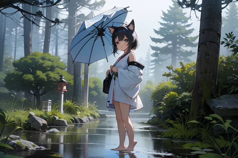 masterpiece, 最high quality, high quality, Highly detailed 8K wallpaper, landscape, outdoor,forest、japanese temple {{{Summer festival, ポスト荘厳なlandscape, Desolate and eerie atmosphere, crumbling building, overgrown plants, Undeservedly beautiful, dramatic lighting, Scattered debris, A sense of mystery and melancholy.}}}、girl、Cat ear、small、10 years old、cute、yukata、{Perfect thigh exposure lineup: 1.1},barefoot, {貧乳1:1}, {bust1:1}、yukataのみ、{yukata, no lingerie, 完璧なBare skin，: 1.6}、fun、Bare skin、fair skin、{transparent clothes｝、{Wet skin｝、{Revealing clothing｝、{short clothes｝、{disheveled clothes｝、{Light floating in the background 1:2｝、From the side、walk、whole body、