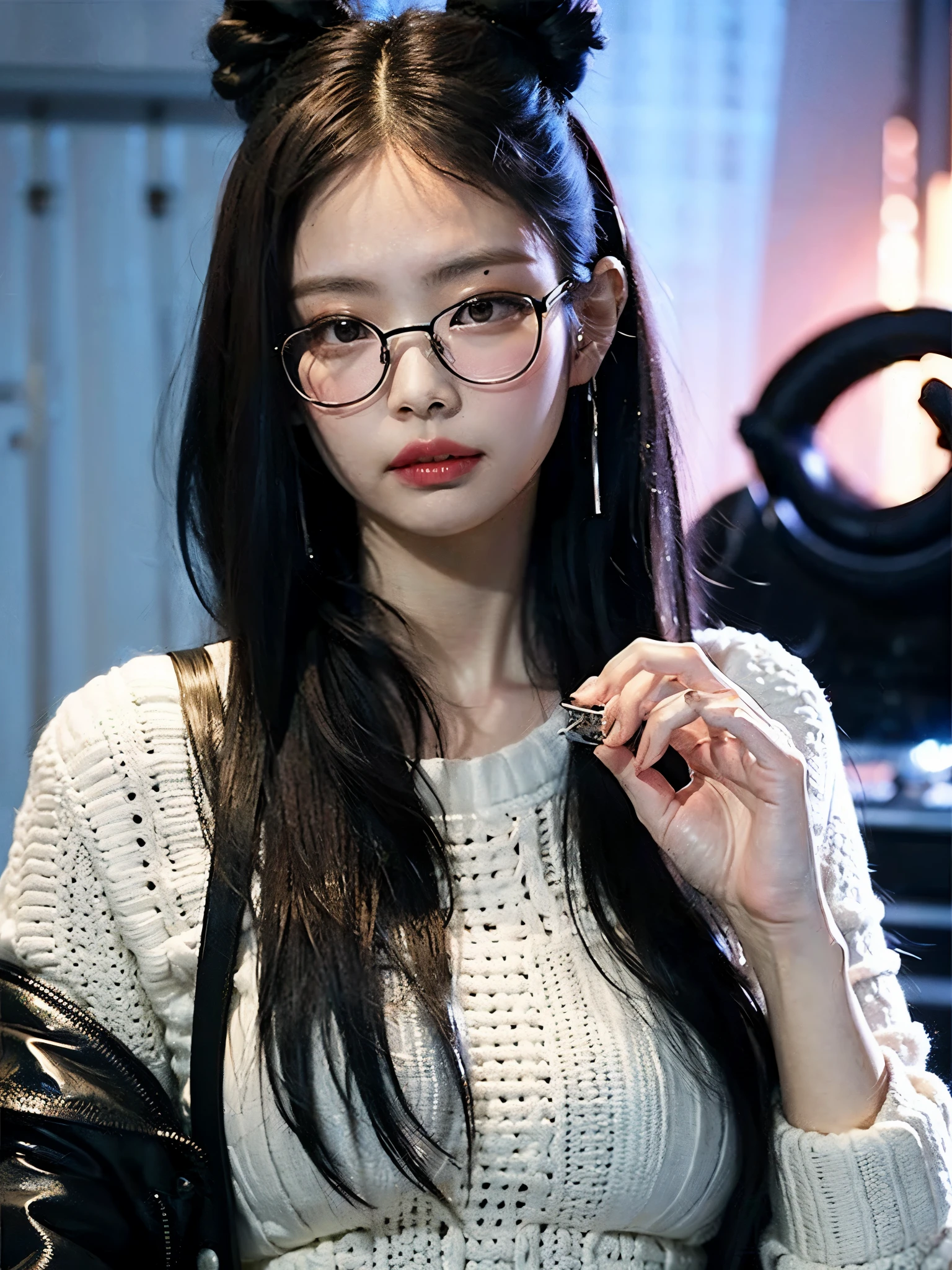 Jennie kim en su despacho con gafas de ver, ambiente oscuro, black room and fierce look. 