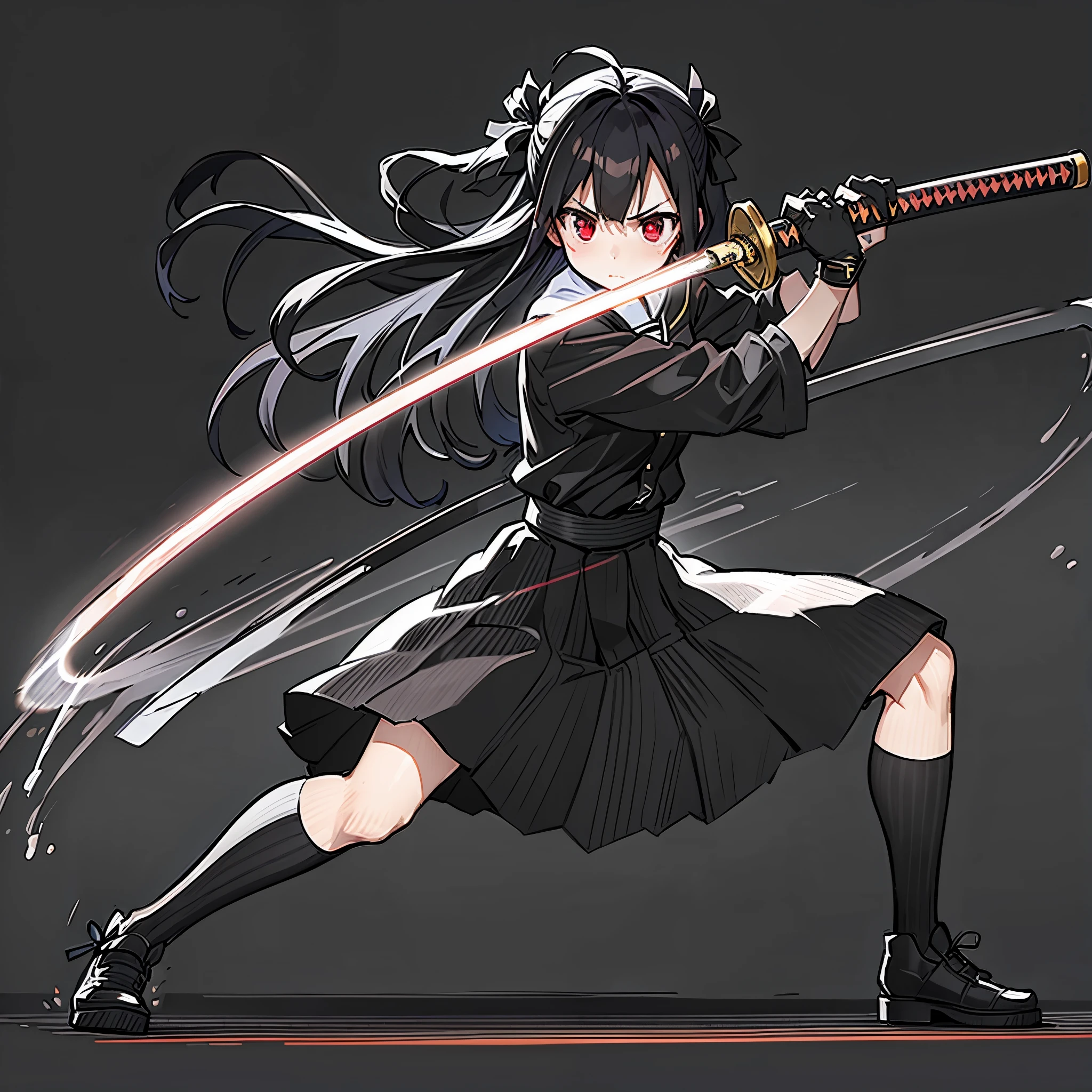 (masterpiece), kouhai, best quality, expressive eyes, perfect face, a girl stands in a stance pose, her feet positioned far apart. It is a slow mo shot of her swinging her sword towards the viewer, her eyes are full of fury as she swings the sword, manga-style, movement lines, katana, red hair, red eyes, school uniform