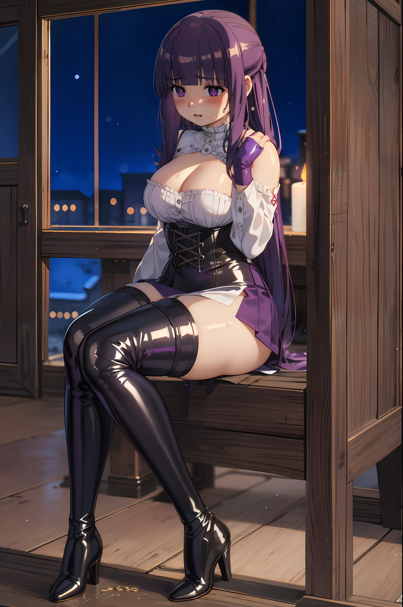 (highest quality, masterpiece),sexy, erotic, 1 girl, 18-year-old, despise, Pride, purple long hair, ((purple eyes)), looking at the viewer, medieval tabernacle, (close), ((dark room)), Sweat, the candle is lit, (((blush))), ((cleavage)), Mr.々Inside a torture chamber with various tools、
BDSM、purple latex corset dress、The corset is decorated with beautiful embroidery.、corset dress with shoulder straps、purple latex tight miniskirt、first round、Black Thigh Boots、high heel boots、