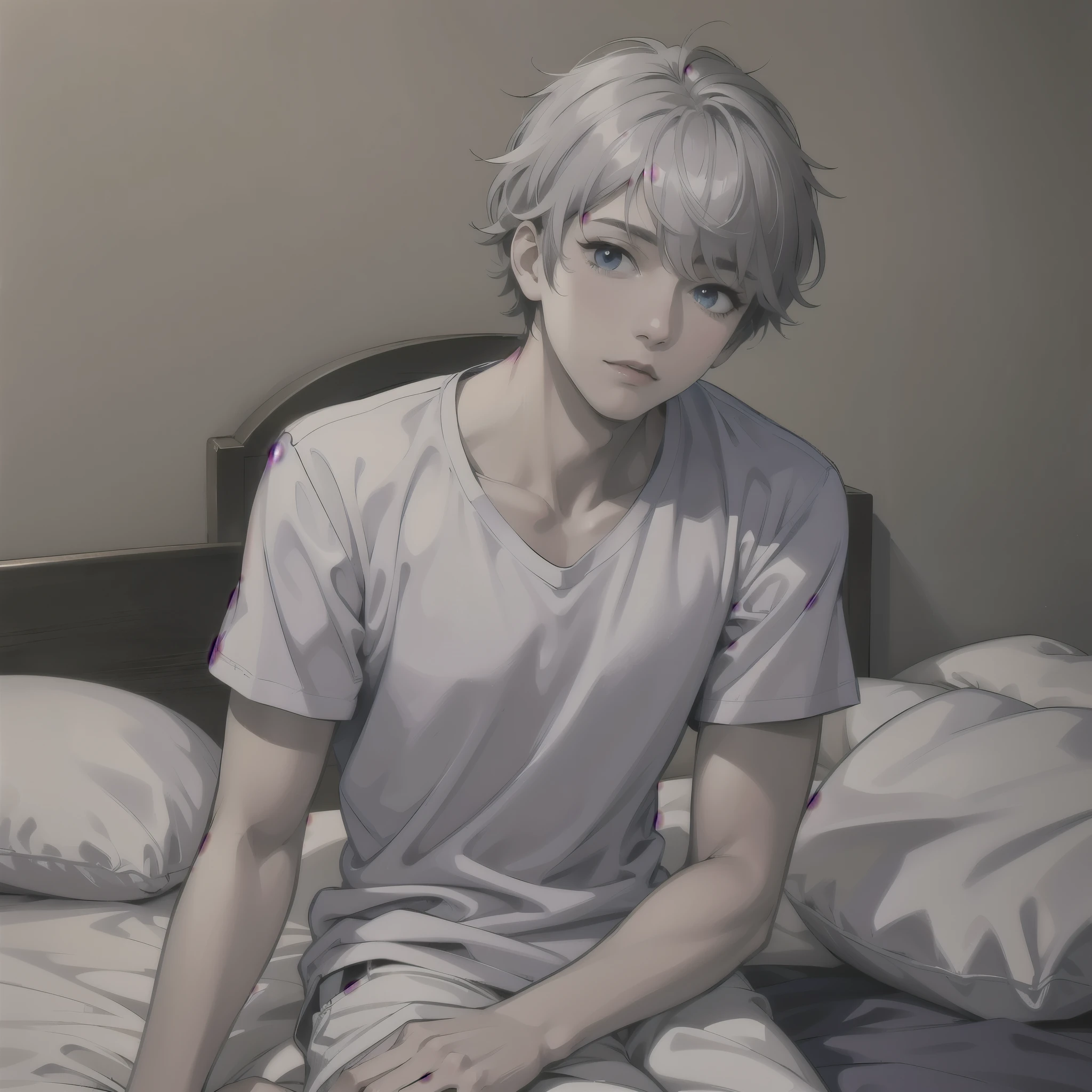 esta desconcertado trata de recordar algo pero no puede, A young man in white short sleeves, cabello plateado ojos de color azul se sienta en la cama se acaba de despertar de una pesadilla