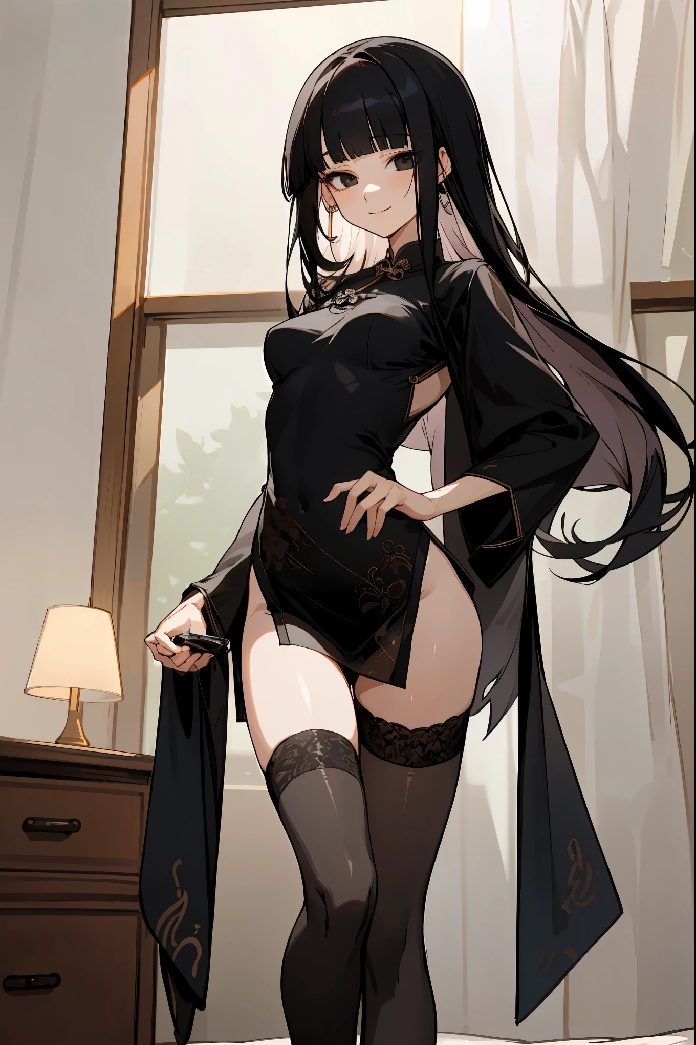 1woman,solo,20 year old beauty、extremely beautiful detailed anime face and eyes,black hair,long hair,blunt bangs,black eyes ,,smaller head、ideal ratio body proportions,medium breasts,smile,black cheongsam dress、Short length、deep slit,thigh_gap, black_thighhighs,standing,simple bedroom、indoor lighting、simple hotel、