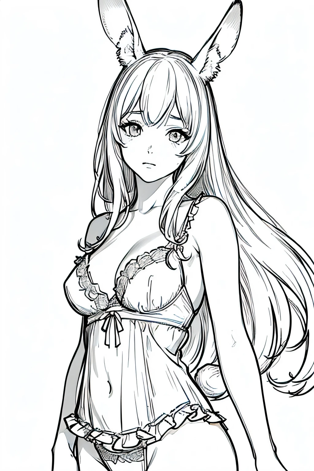 (Mejor calidad,4k,8k,high resolution,obra maestra:1.2),ultra detallado,(Realista,photoRealista,photo-Realista:1.37),obramaestra,animado,hermoso,girl with rabbit ears,Femenino,NSFW,sexy,lingerie,Fondo blanco,monocromo,Dibujo lineal,((bosquejo)),sorprendido,ojos blancos