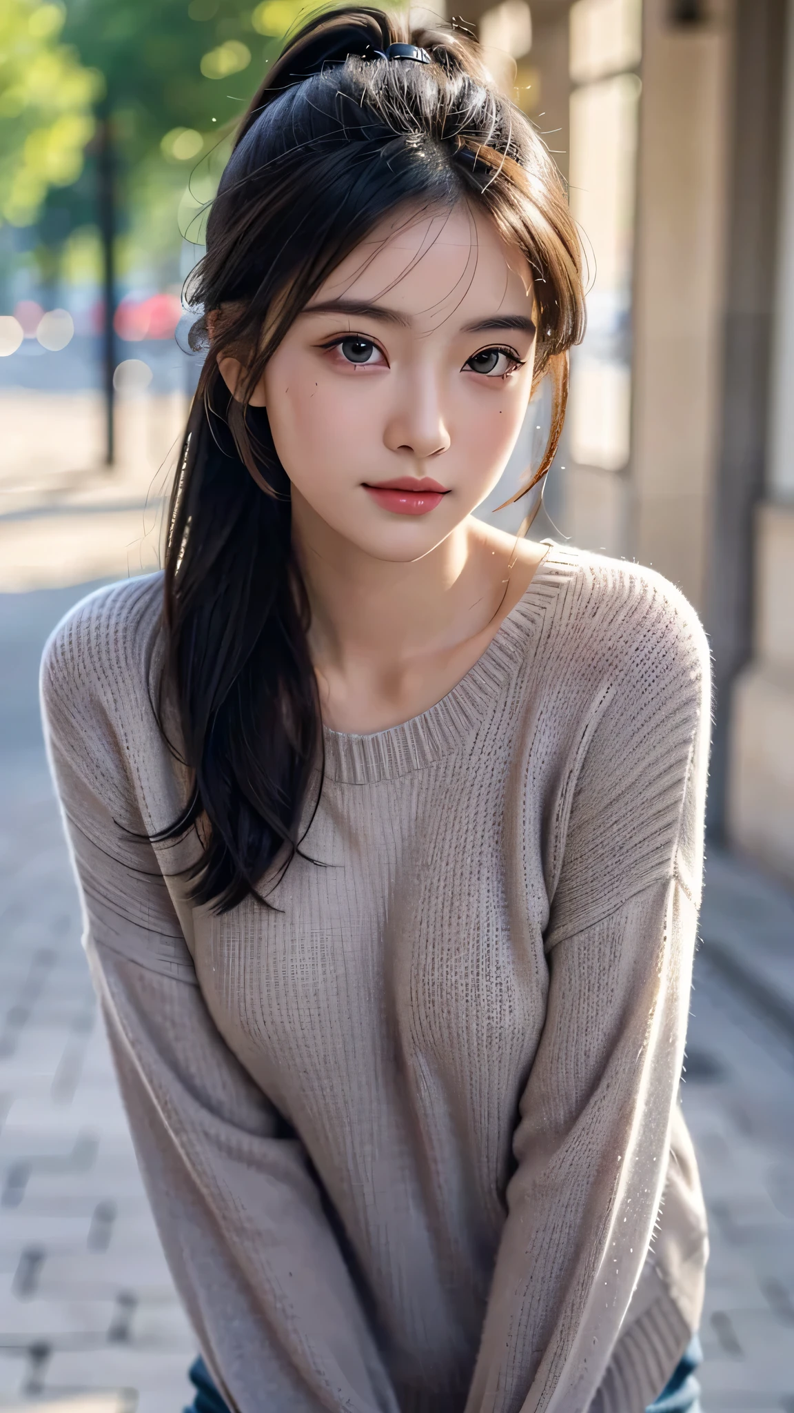 One woman,fully body photo,masutepiece, The highest image quality, High quality, the background is clear，Beautiful woman, Japanese, Detailed, Detailed eyes, Detailed skin, Beautiful skin, 超hight resolution, (reality: 1.4),Very beautiful woman, Slightly younger face, Beautiful skin, slender, (Ultra photo realsisim), (hight resolution), (8K), (Very detailed) (beautifully detailed eyes), (super detailed),   (Detailed face), view the viewer, Fine details, Detailed face, Staring straight ahead, Staring straight ahead, photos realistic, Bright lighting, Professional Lighting, Black hair,poneyTail,a baby face,sixteen years old,髪型はponeyTail,ロングのponeyTailの髪型,slight smile,Long Sleeve Knitwear,European Streets