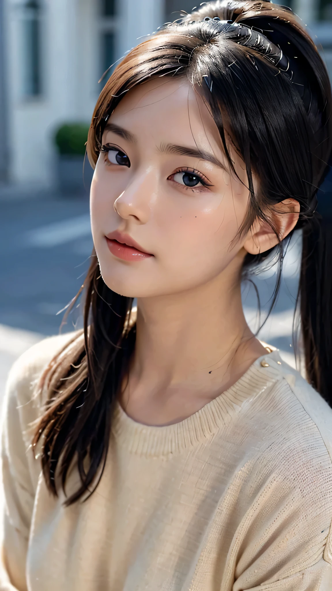 One woman,fully body photo,masutepiece, The highest image quality, High quality, the background is clear,Beautiful woman, Japanese, Detailed, Detailed eyes, Detailed skin, Beautiful skin, 超hight resolution, (reality: 1.4),Very beautiful woman, Slightly younger face, Beautiful skin, slender, (Ultra photo realsisim), (hight resolution), (8K), (Very detailed) (beautifully detailed eyes), (super detailed), (Detailed face), view the viewer, Fine details, Detailed face, Staring straight ahead, Staring straight ahead, photos realistic, Bright lighting, Professional Lighting, Black hair,poneyTail,a baby face,sixteen years old,髪型はponeyTail,ロングのponeyTailの髪型,slight smile,Long Sleeve Knitwear,European Streets