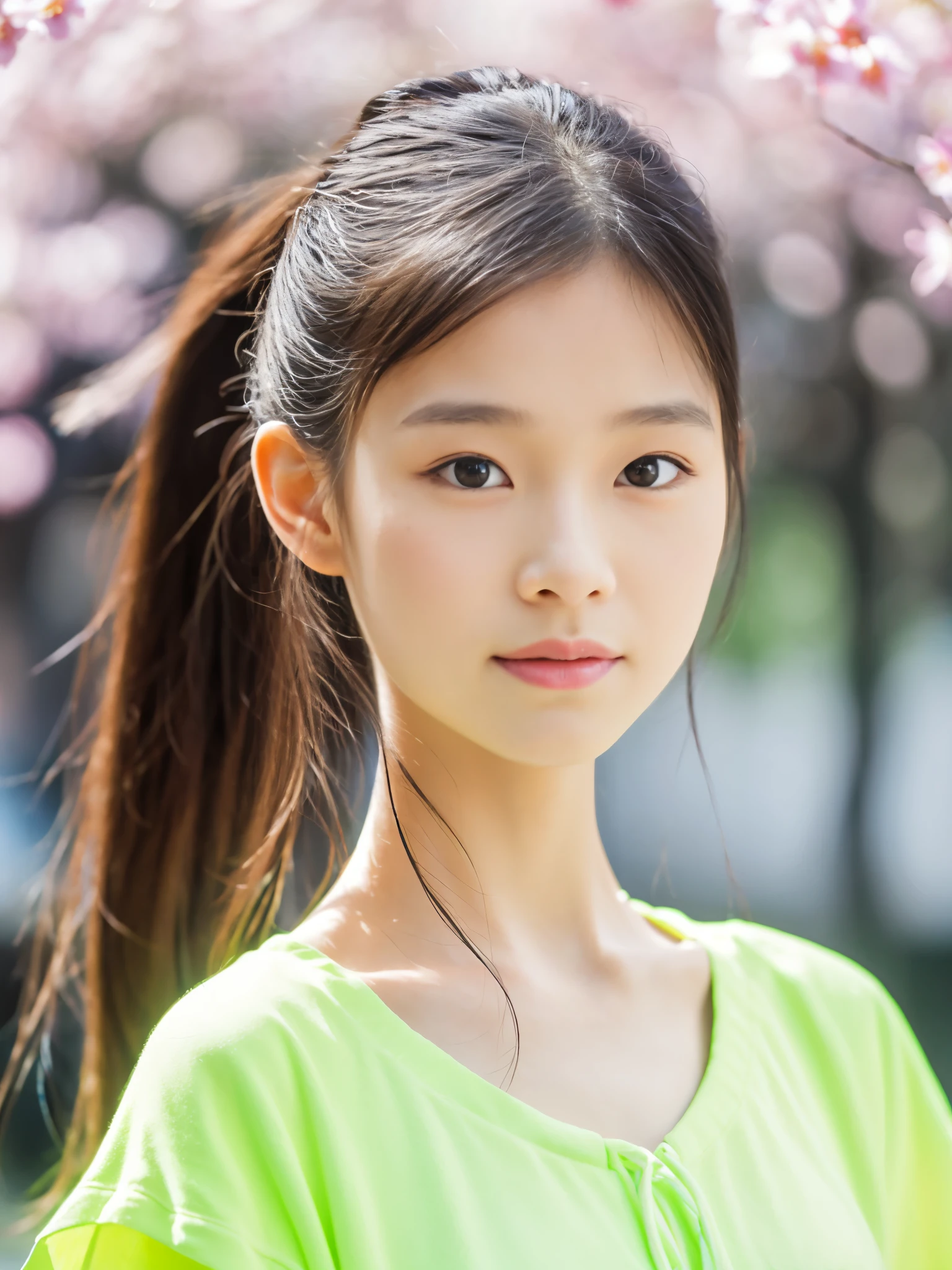 Photoreal, 8K full-length portrait, Beautiful woman, ponytail, attractive look, Clear system, 16 years old, Tokyo, spring, Shibuya in the background