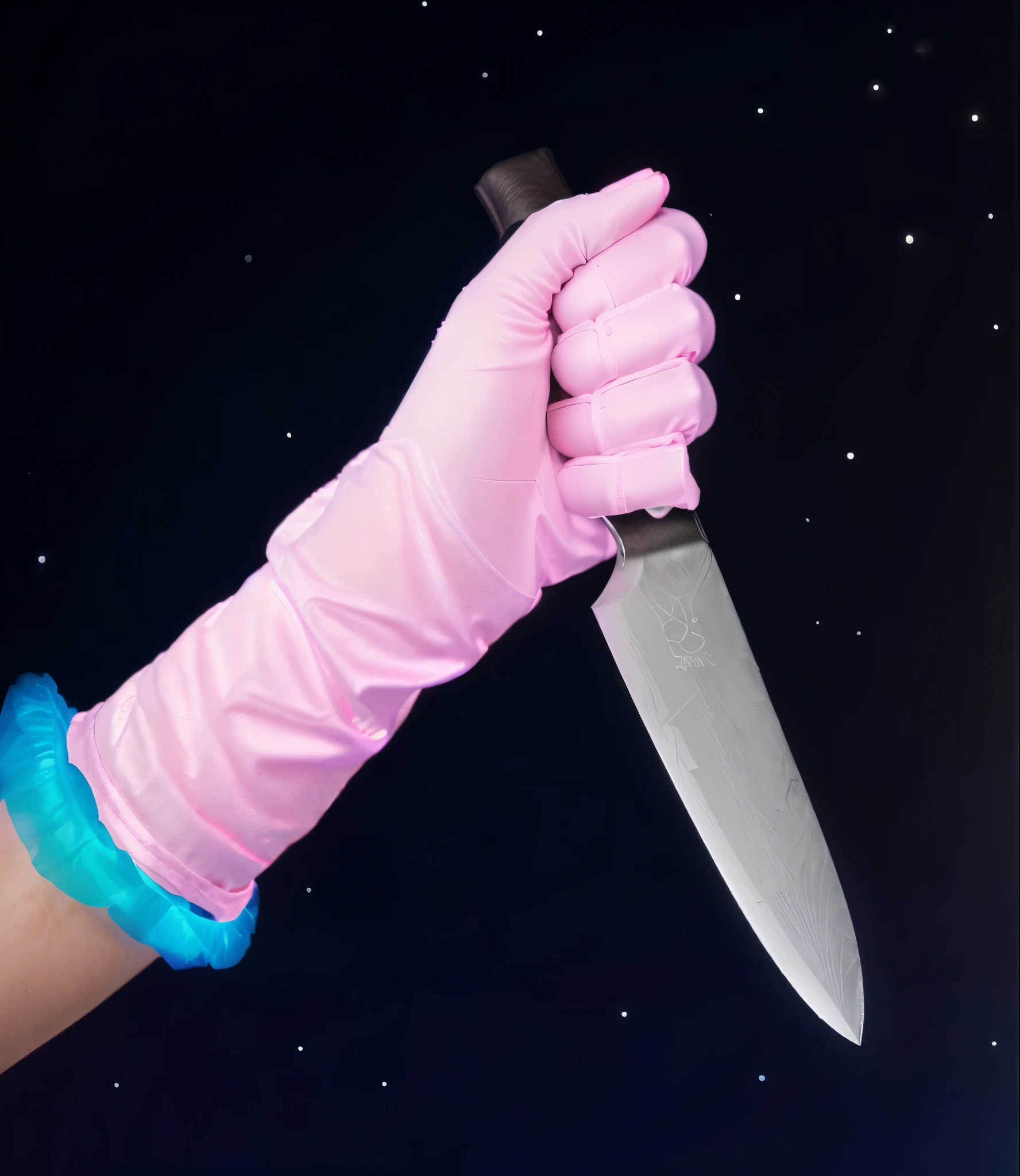 woman hand is holding a knife in their hand in the dark, hand in a pink glove, holding knife, hand holding a knife, holding a knife, multiple light sources, rim light, sharp post effects render, perfect cgi, anthropomorphic, digital art, detailed digital art, reflective, best quality, 4k, masterpiece:1.2, ultra-detailed, realistic, vivid colors, dark and moody lighting, The image of the highest quality, ensuring every detail showcased perfectly. It in 4k resolution, allowing viewers to immerse themselves in the richness of the colors and intricate details. The realistic rendering. under the spotlight, reflecting, high-resolution image, realistic rendering, dark background, and rim light