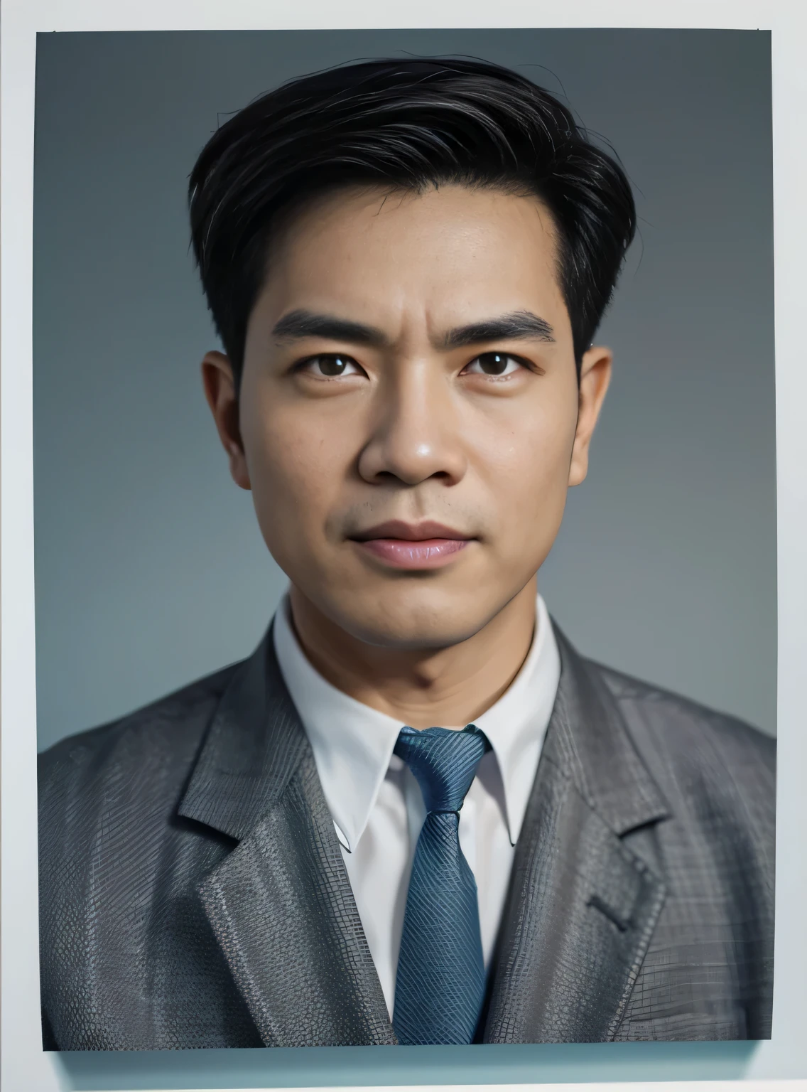 Highly realistic photo, ((masterpiece), (best quality), (raw photo), (photorealistic:1.4), Portrait of Vietnamese old man, 45 years old, ((black hair)), ((wearing a gray suit)) , ((light blue background)) , photo taken by Sony A7IV