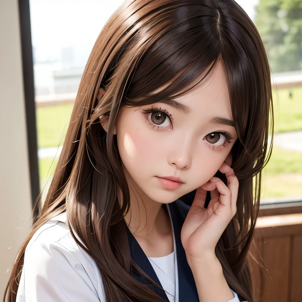 Girl, long brown hair, wavy hairstyle, brown eyes, white skin, serious features, school style, Japan, at school, friends.