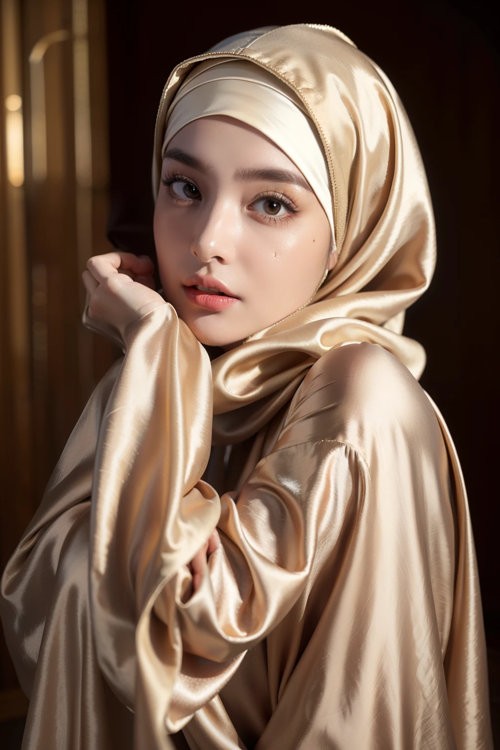(Masterpiece, best quality, photography, detailed skin, realistic, photo-realistic, 8k, highly detailed, full length frame, High detail RAW color art, diffused soft lighting, shallow depth of field, sharp focus, hyperrealism, cinematic lighting, hijab, a woman in a beautifully makeup, eyeshadow, beautiful big eyes, long eye lashes, wearing (Gray satin hijab), loosely tide hijab style, ((Taupe satin kaftan)), asian face, cute asian, moist skin