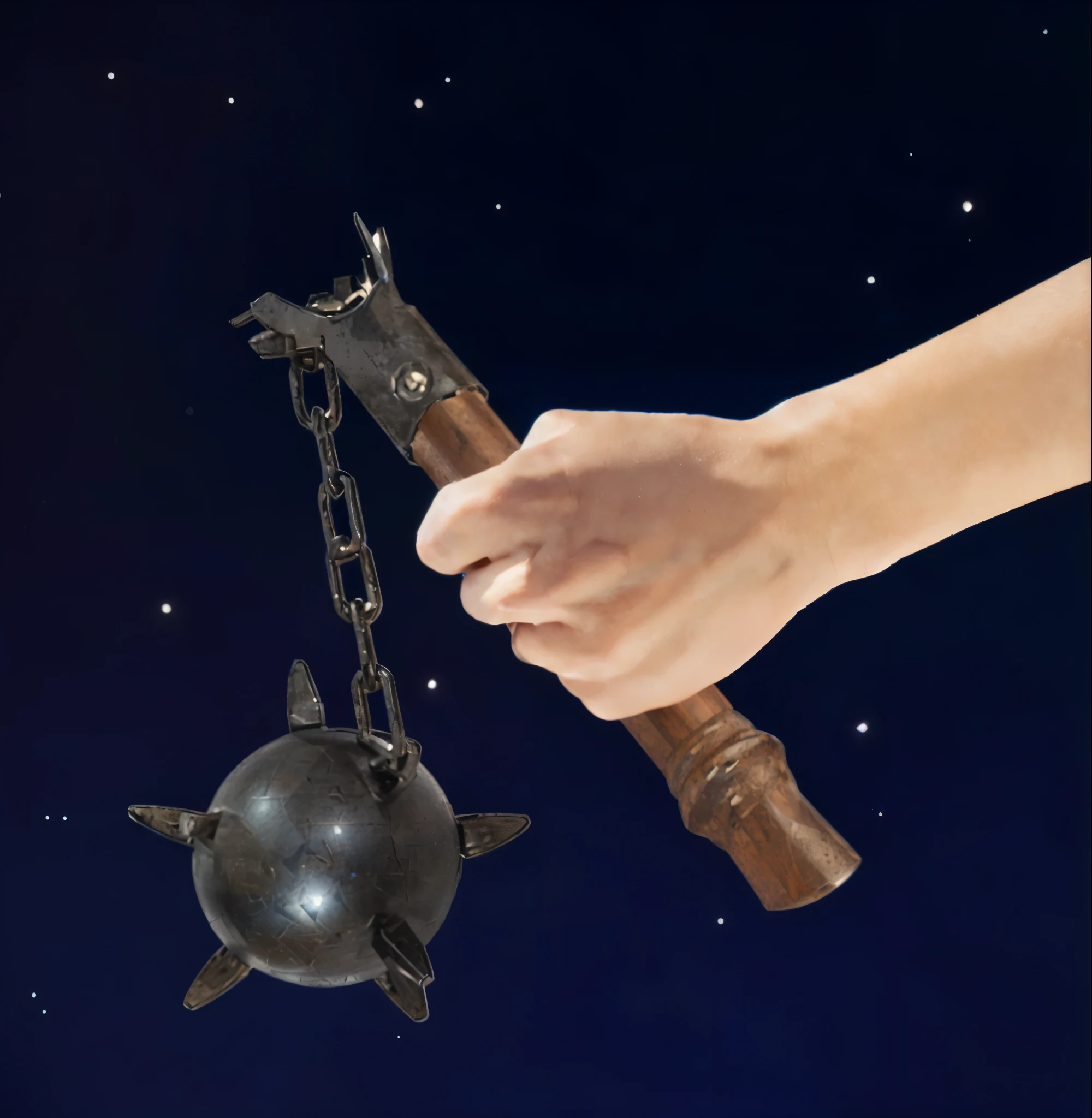 someone is holding a Morgenstern and a ball with chains, holding a giant flail, holding a war hammer, holding ego weapons, holding mjolnir, hammer weapon, hand holding medieval sword, holding a weapon, A men's hand, outstretched.smoot, multiple light sources, rim light, sharp post effects render, perfect cgi, anthropomorphic, digital art, detailed digital art, reflective, best quality, 4k, masterpiece:1.2, ultra-detailed, realistic, vivid colors, dark and moody lighting, The image of the highest quality, ensuring every detail showcased perfectly. It in 4k resolution, allowing viewers to immerse themselves in the richness of the colors and intricate details. The realistic rendering. under the spotlight, reflecting, high-resolution image, realistic rendering, dark background, and rim light