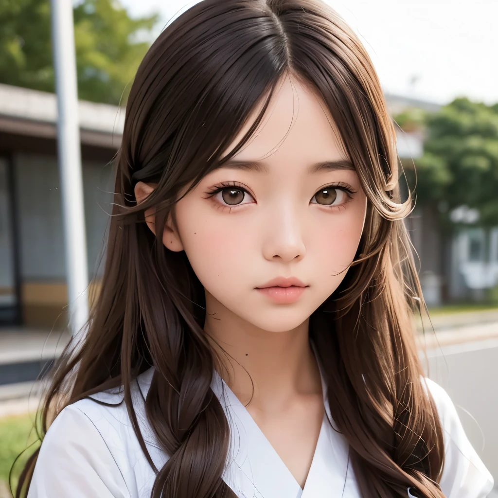 Girl, long brown hair, wavy hairstyle, brown eyes, white skin, serious features, school style, Japan, at school, friends.