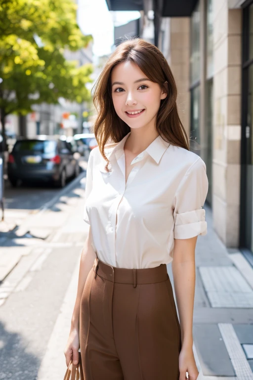 high quality,masterpiece,ultra high resolution,(realistic:1.4),RAW photo,pretty girl,less exposed skin, Slender,narrow eyes,At work,social person,suit figure,whole body,standing position,small breasts,short and wavy,, brown hair,smile, white shirt,office Street,