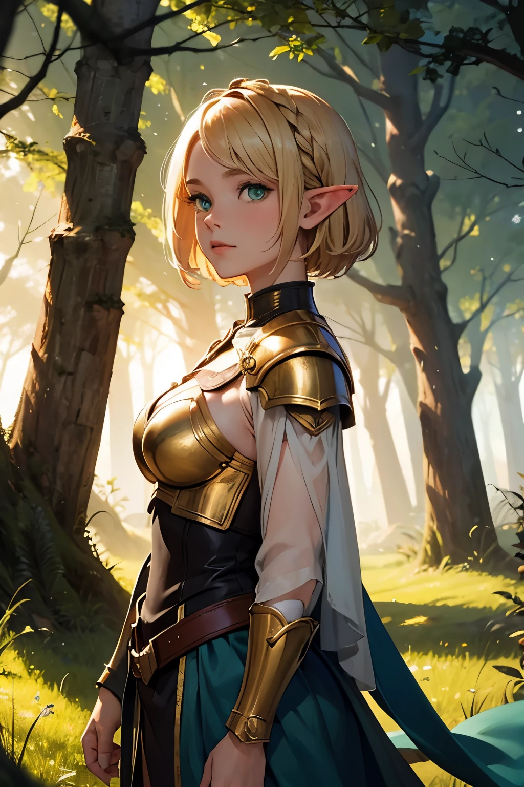 Night time, 1Girl, Elf, Short blonde hair, frenckles, beautiful, wearing Golden, medieval light armor, green eyes, in a forest,