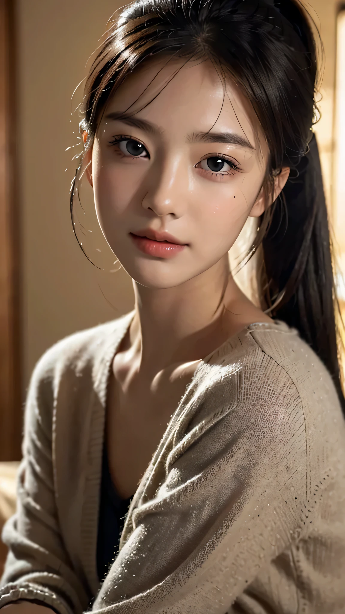 One woman,fully body photo,masutepiece, The highest image quality, High quality, the background is clear,Beautiful woman, Japanese, Detailed, Detailed eyes, Detailed skin, Beautiful skin, 超hight resolution, (reality: 1.4),Very beautiful woman, Slightly younger face, Beautiful skin, slender, (Ultra photo realsisim), (hight resolution), (8K), (Very detailed) (beautifully detailed eyes), (super detailed), (Detailed face), view the viewer, Fine details, Detailed face, Staring straight ahead, Staring straight ahead, photos realistic, Bright lighting, Professional Lighting, Black hair,poneyTail,a ,sixteen yTail,ロングのponeyTailの髪型,slight smile,Long Sleeve Knitwear,European Streets
