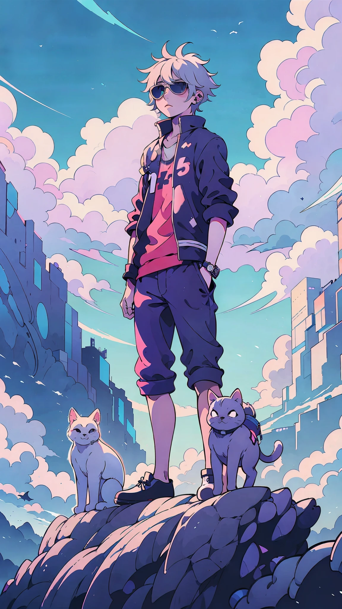 anime boy standing on a rock with a cat in front of him, white hair, cool sunglasses, makoto shinkai cyril rolando, makoto shinkai style, makoto shinkai art style, anime clouds, in style of makoto shinkai, makoto shinkai!, makoto shinkai!!, makoto shinkai. digital render, 4 k manga wallpaper, 4k manga wallpaper, badass anime 8k, official anime artwork, 4k anime wallpaper, anime art wallpaper 8k, kaworu nagisa, anime epic artwork, best anime 4k konachan wallpaper, official art, anime wallaper, ultra hd anime wallpaper