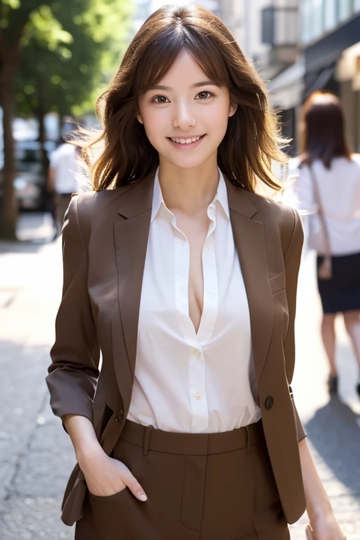 high quality,masterpiece,ultra high resolution,(realistic:1.4),RAW photo，pretty girl，less exposed skin， Slender，narrow eyes，At work，social person，suit figure，whole body，standing position，small breasts，short，ベリーshort，short and wavy,, brown hair，smile， white shirt，office Street，