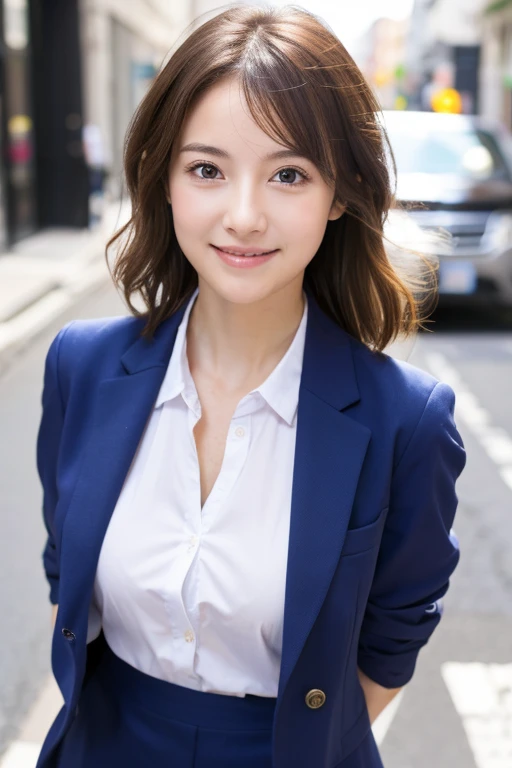 high quality,masterpiece,ultra high resolution,(realistic:1.4),RAW photo，pretty girl，less exposed skin， Slender，narrow eyes，At work，social person，suit figure，whole body，standing position，small breasts，short，ベリーshort，short and wavy,, brown hair，smile， white shirt，office Street，