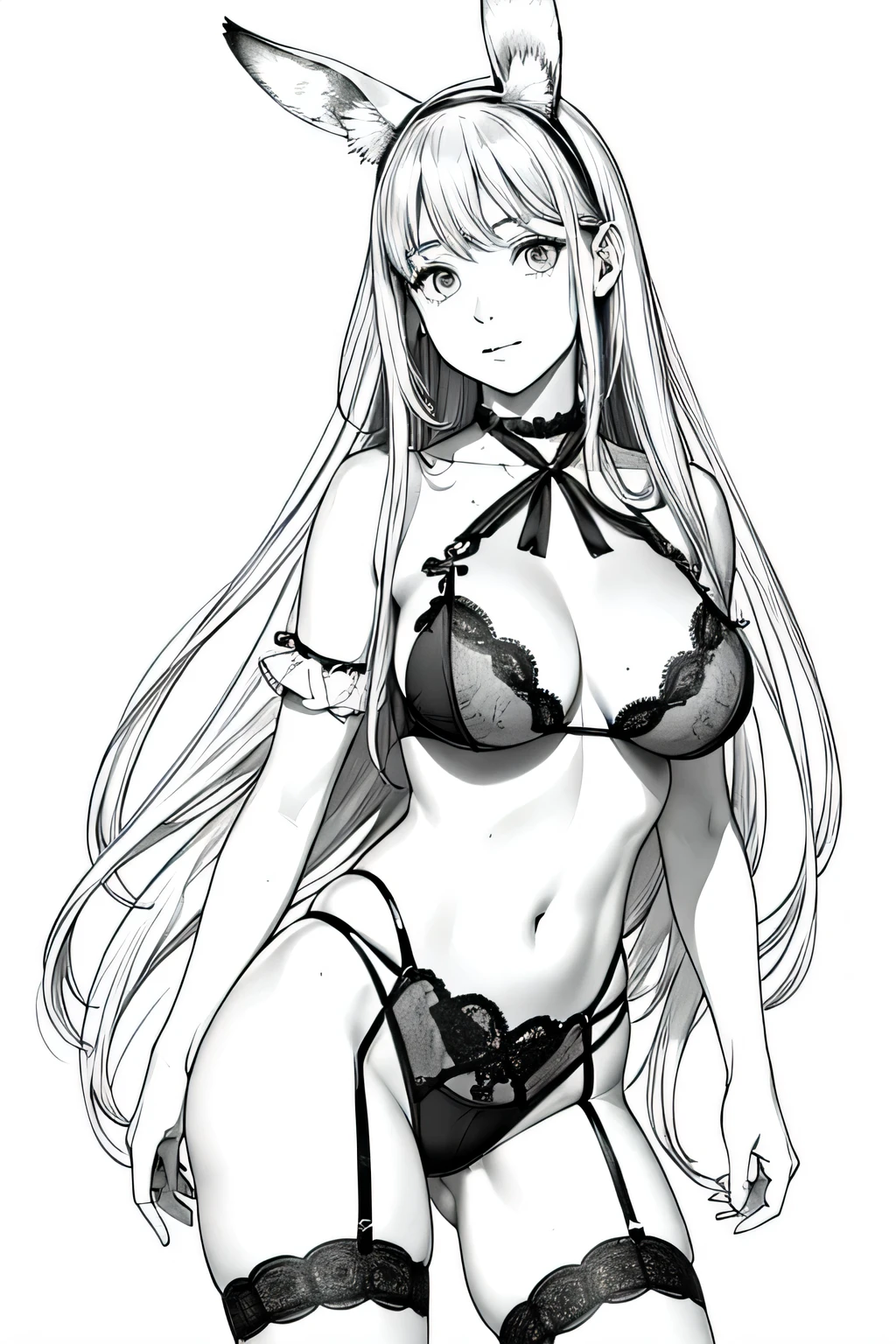 (Mejor calidad,4k,8k,high resolution,obra maestra:1.2),ultra detallado,(Realista,photoRealista,photo-Realista:1.37),obramaestra,animado,hermoso,girl with rabbit ears,Femenino,NSFW,sexy,lingerie,Fondo blanco,monocromo,Dibujo lineal,((bosquejo)),sorprendido,ojos blancos
