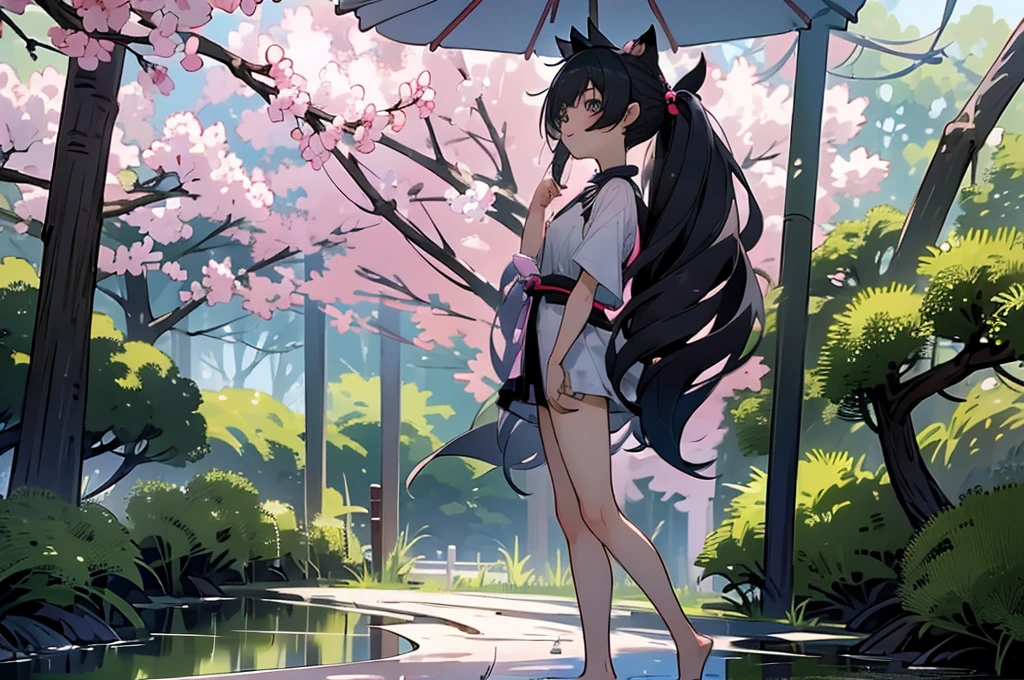 masterpiece, 最high quality, high quality, Highly detailed 8K wallpaper, landscape, outdoor,Japanese shrines {{{Summer festival, ポスト荘厳なlandscape, Desolate and eerie atmosphere, crumbling building, overgrown plants, Undeservedly beautiful, dramatic lighting, Scattered debris, A sense of mystery and melancholy.}}}、girl、Cat ear、small、10 years old、cute、yukata、{Perfect thigh exposure lineup: 1.1},barefoot, {貧乳1:1}, {bust1:1}、yukataのみ、{yukata, no lingerie, 完璧なBare skin，: 1.6}、fun、Bare skin、fair skin、{transparent clothes｝、{Wet skin｝、{Revealing clothing｝、{short clothes｝、{perfect face shape 1:4｝、{Light floating in the background 1:2｝、From the side、walk、whole body、