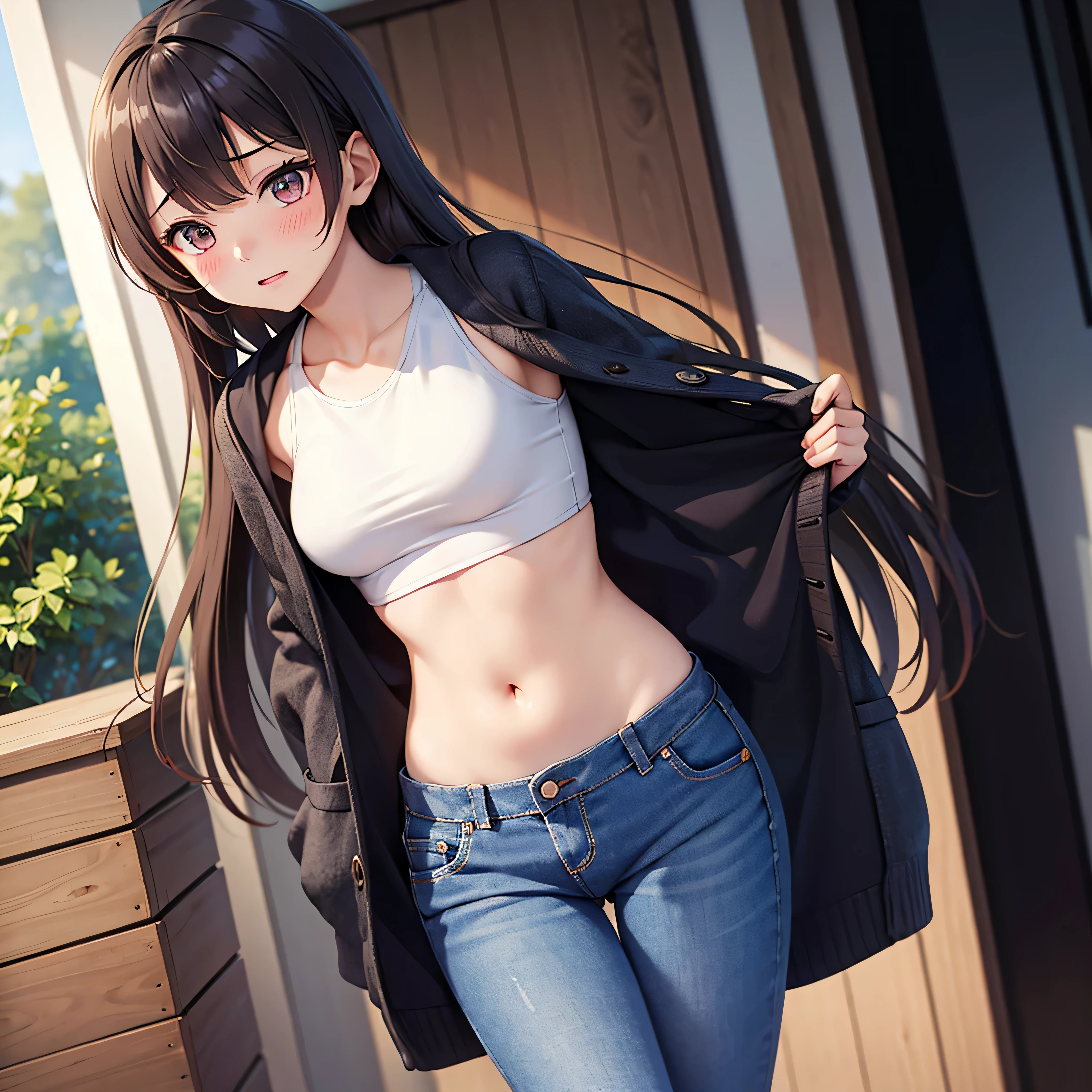 long hair, chiffon long cardigan,1 girl, solo, medium breasts, belt, tummy, crop top, t shirt, lounge, jeans, embarrassed, blush, afraid,