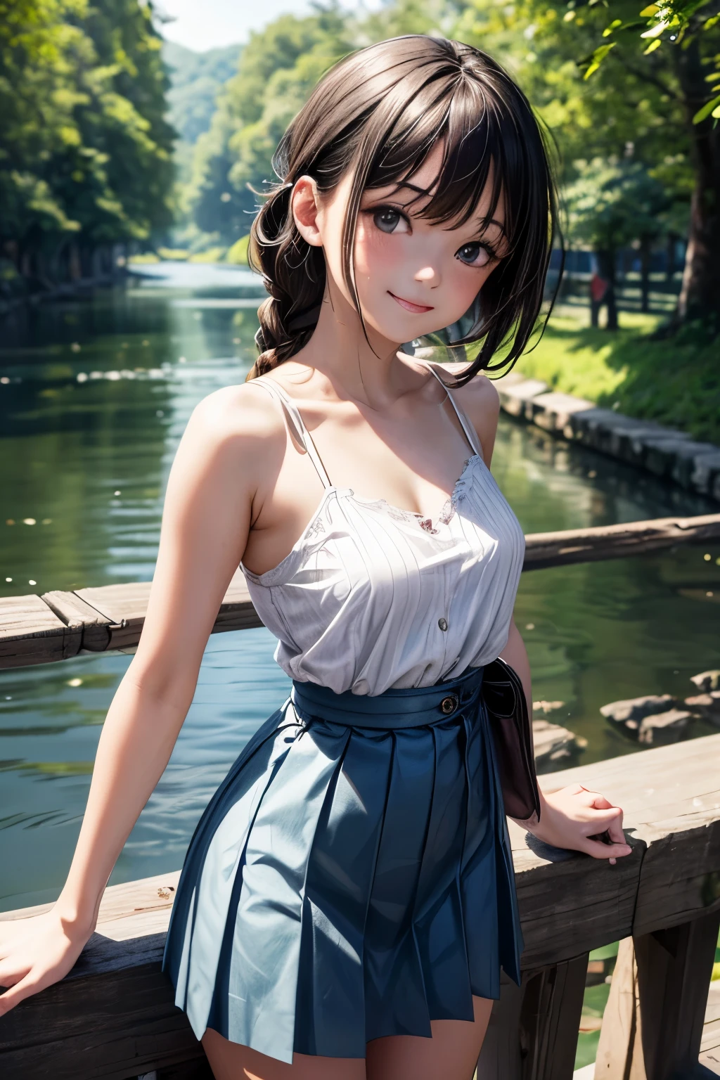 very cute and beautiful girl,(highly detailed beautiful face), white camisole,standing,cowboy shot BREAK (smile:1.2),happy,looking at viewer,(pleated blue mini skirt:1.2),(skirt lift,white panties), countryside,narrow river side,bridge,trees,summer,detailed landscape,black hair,twin braid, (best quality,masterpiece:1.2),absurdres,highres,ultra-detailed,extremely detailed,32k,8k resolution, intricate details,cinematic scene,detailed background,solo,dynamic angle,