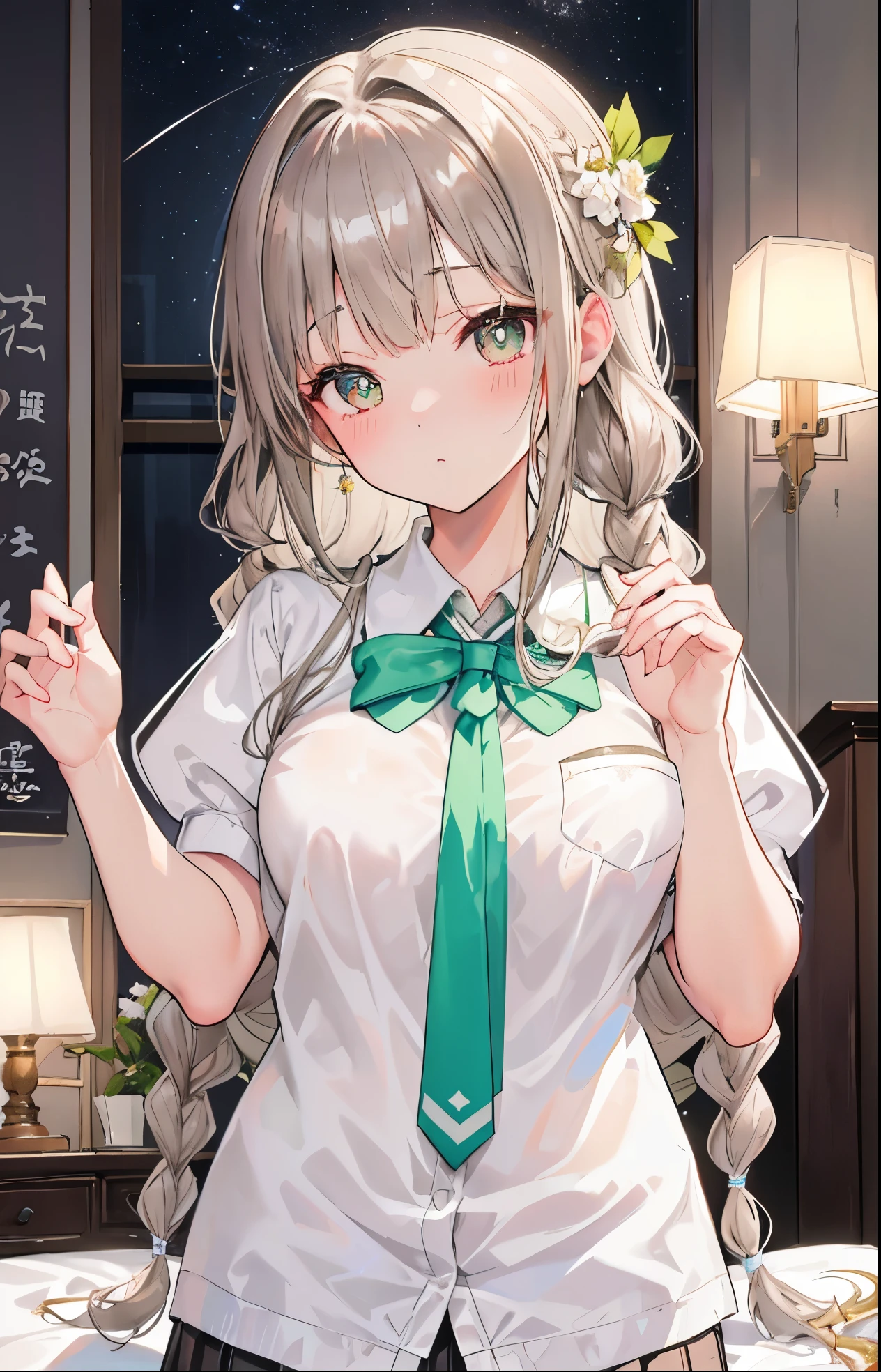 Momoku, Hello, Short Twin Tails, horn, Bright Eyes, Ahoge, Pointed Ears, (Dragon Tail:1.1), Collared dress, Sleeveless dress, tie, Small breasts, (Point to your audience:1.035), Interrupted laughter, Cover your mouth, Put your hand to your mouth, Sharp teeth, (Conceit:1.2), :d, Open your mouth, , indoor, office, Sitting at a desk, Have food, (Bag of chips:0.7),