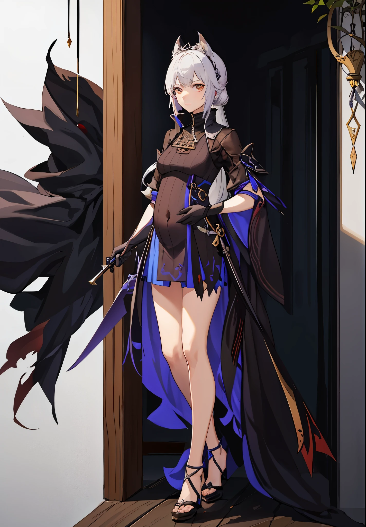 a woman in a dress holding a dagger and a dagger, video game character, from arknights, fox nobushi holding a dagger, hajime yatate, keqing from genshin impact, random haired deity, with small sword, ayaka genshin impact, female action anime girl, official character art, anime character, pregnant anime girl, fetus, random hair color