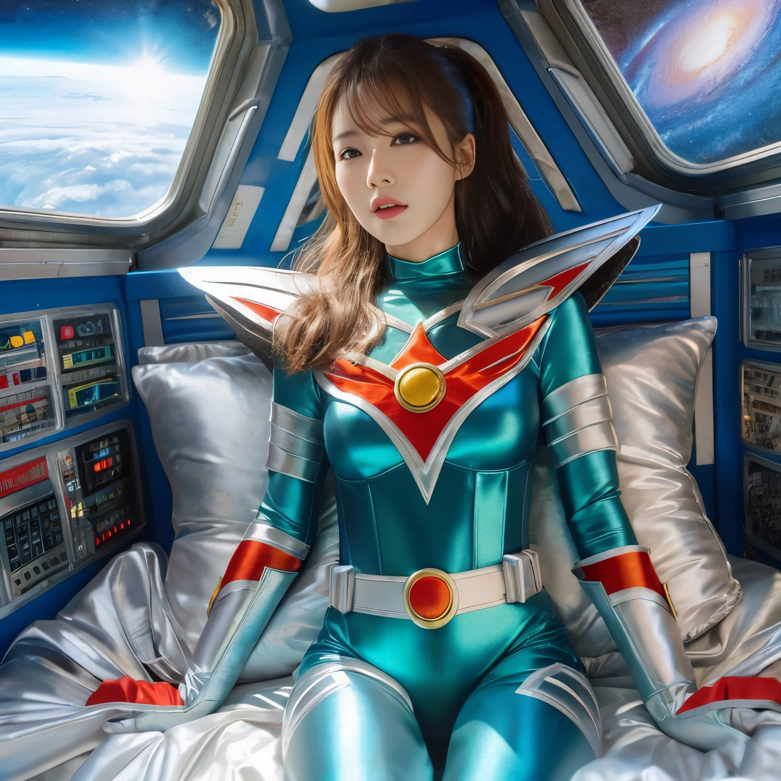 best image quality、Super high resolution、(realism:1.4)、Korean beauty star、The most beautiful KPOP star、face、Horny Korean makeup、erotic expression、A body that makes you want to touch it、Erotic photos、Realistic satin fabric texture、Costume made of stretch satin fabric that is smooth to the touch、The drape of the curved part of the satin fabric、Strong luster of costume、costume quality、8K photo quality、Costume made of high-quality satin fabric with high density、Super-class battle leather cloak with a smooth texture、Super Sentai Women's Heroine Suit、Super-class battleship shiny costumes、Texture of costumes that satin fetishists respond to、Thin, glossy stretch satin fabric、