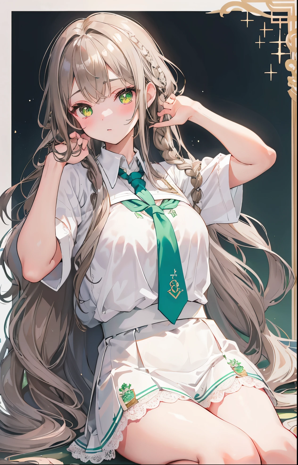 Shiny silvery brown hair,double braid,Stunning pupils,petite,petite的可爱小甜妹,The breasts are plump and soft,White Jk school uniform soft and waxy texture,Decorated with green lace,wearing a tie,The body smells soft and glows with fluorescence,Super cute