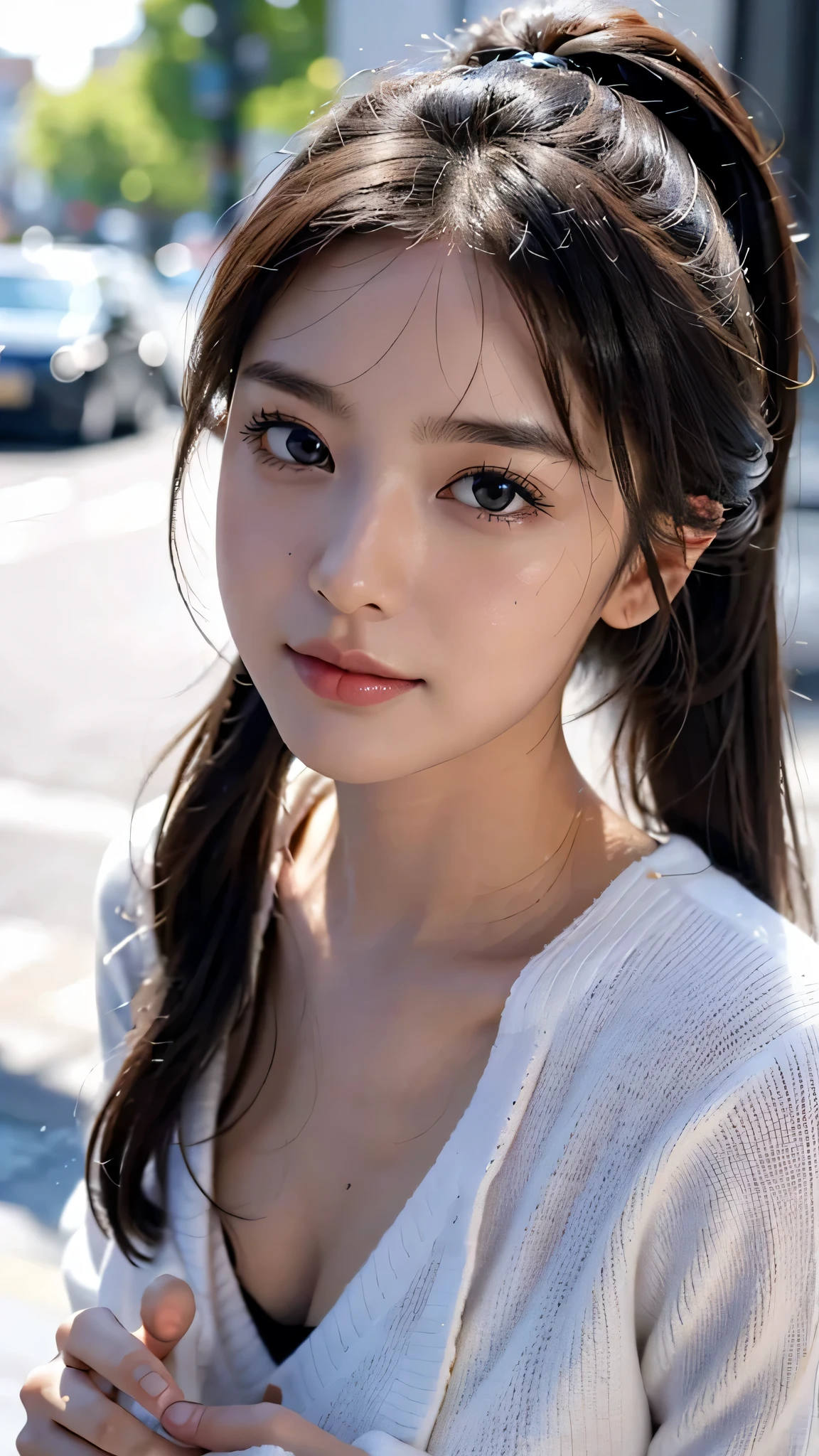 One woman,fully body photo,masutepiece, The highest image quality, High quality, the background is clear,Beautiful woman, Japanese, Detailed, Detailed eyes, Detailed skin, Beautiful skin, 超hight resolution, (reality: 1.4),Very beautiful woman, Slightly younger face, Beautiful skin, slender, (Ultra photo realsisim), (hight resolution), (8K), (Very detailed) (beautifully detailed eyes), (super detailed), (Detailed face), view the viewer, Fine details, Detailed face, Staring straight ahead, Staring straight ahead, photos realistic, Bright lighting, Professional Lighting, Black hair,poneyTail,a baby face,sixteen years old,髪型はponeyTail,ロングのponeyTailの髪型,slight smile,Long Sleeve Knitwear,European Streets