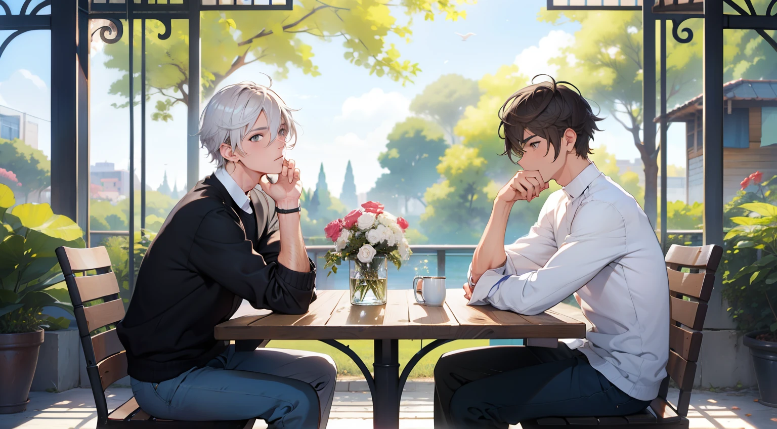 dos chicos, Silver hair boy and brown hair boy., hablando、un parque、Chicos les encanta、high resolution、Ultra detallado