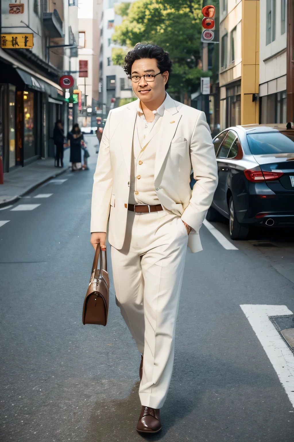 A middle-aged Asian man with fat curly hair, Glasses, Oval face, White skin, In good health, ivory suit, Brown pants, Brown leather shoes. The street is surrounded by buildings. The street was clean. There are flowers on the side of the road. He is holding a briefcase in his hand.