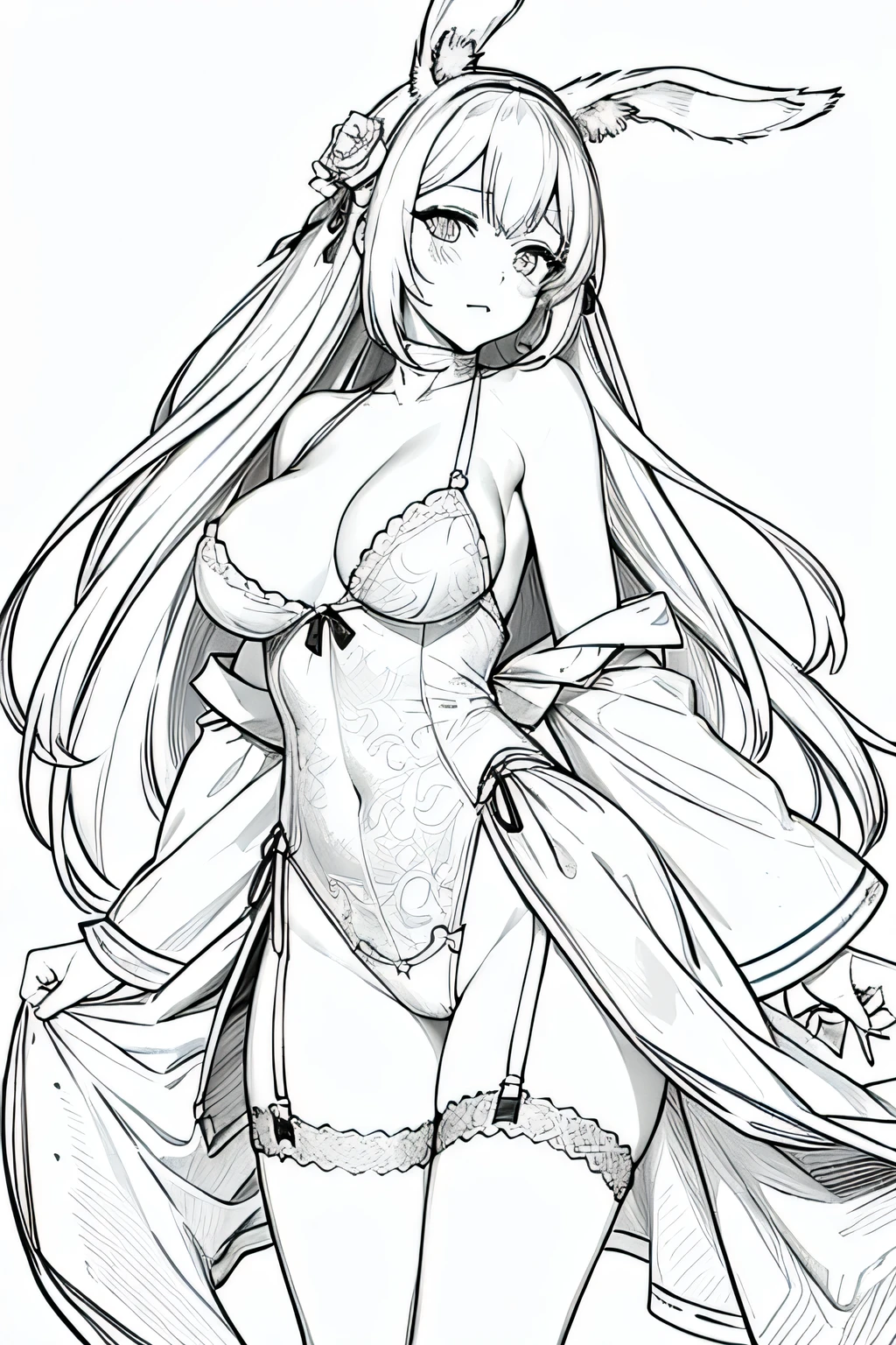 (Mejor calidad,4k,8k,high resolution,obra maestra:1.2),ultra detallado,(NSFW),obramaestra,animado,hermoso,girl with rabbit ears,Femenino,NSFW,sexy,lingerie,Fondo blanco,monocromo,Dibujo lineal,((bosquejo)),sorprendido,ojos blancos