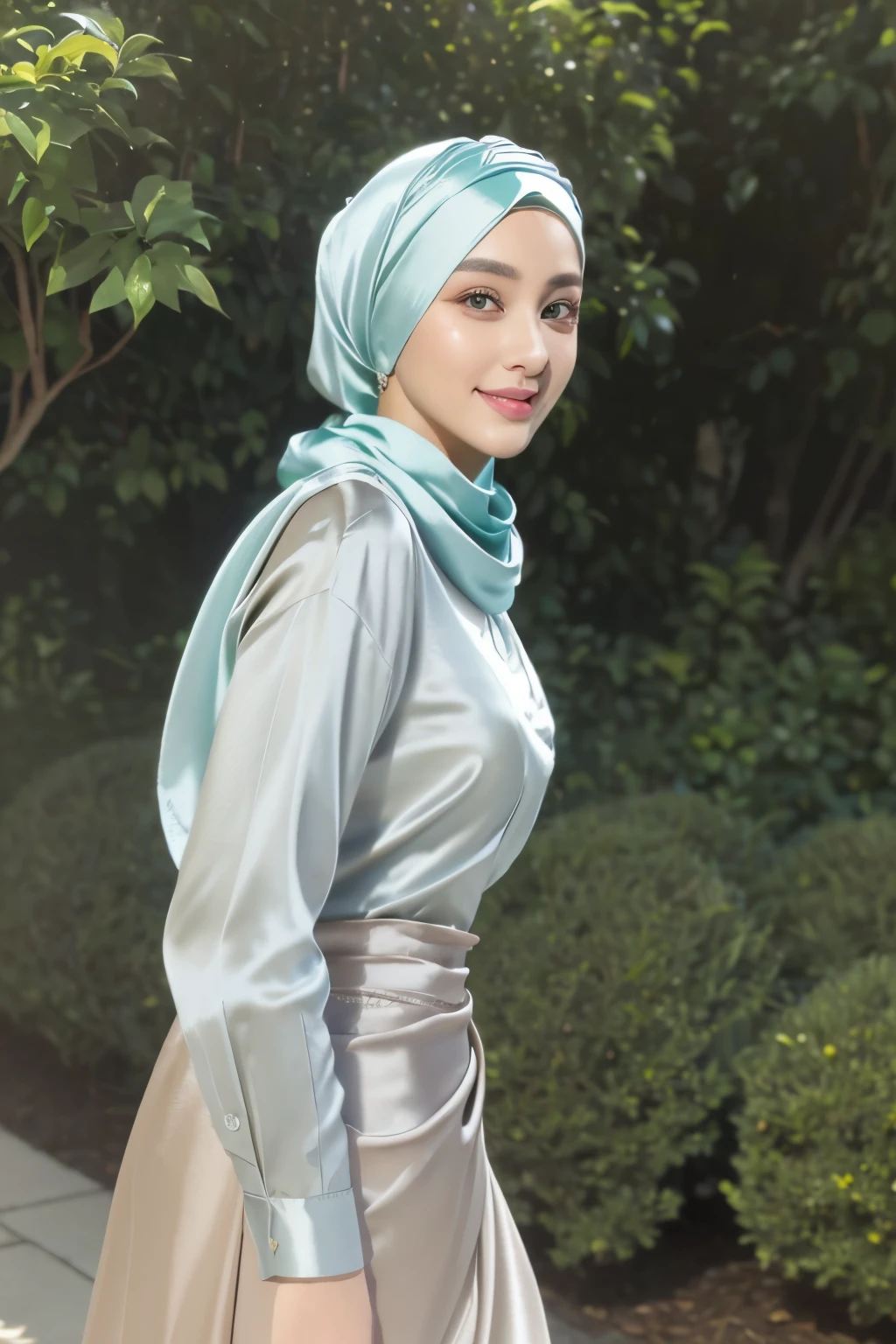 (Masterpiece, realistic, best quality, best lighting, 1 girl photo solo, beautifully makeup, eyeshadow, Parted Lips, Detailed Eyes, beautiful big eyes, long eye lashes, smile, wearing ((Aqua satin headscarf)), loosely tide hijab style, ((Taupe satin shirt)), satin long skirt, walking in the garden, side view