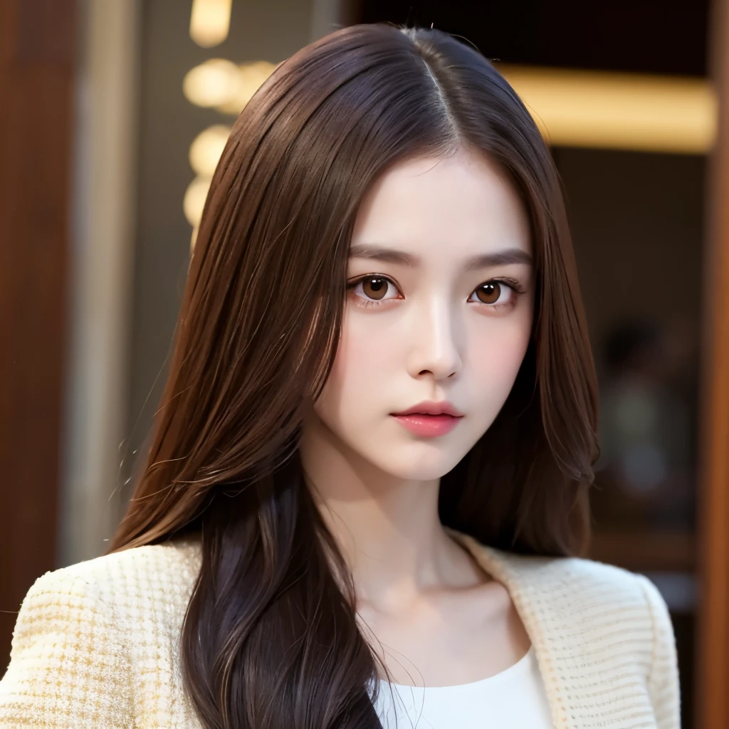 Girl, long brown hair, brown eyes, serious features, white skin, Gucci style, in a graphic arts museum.