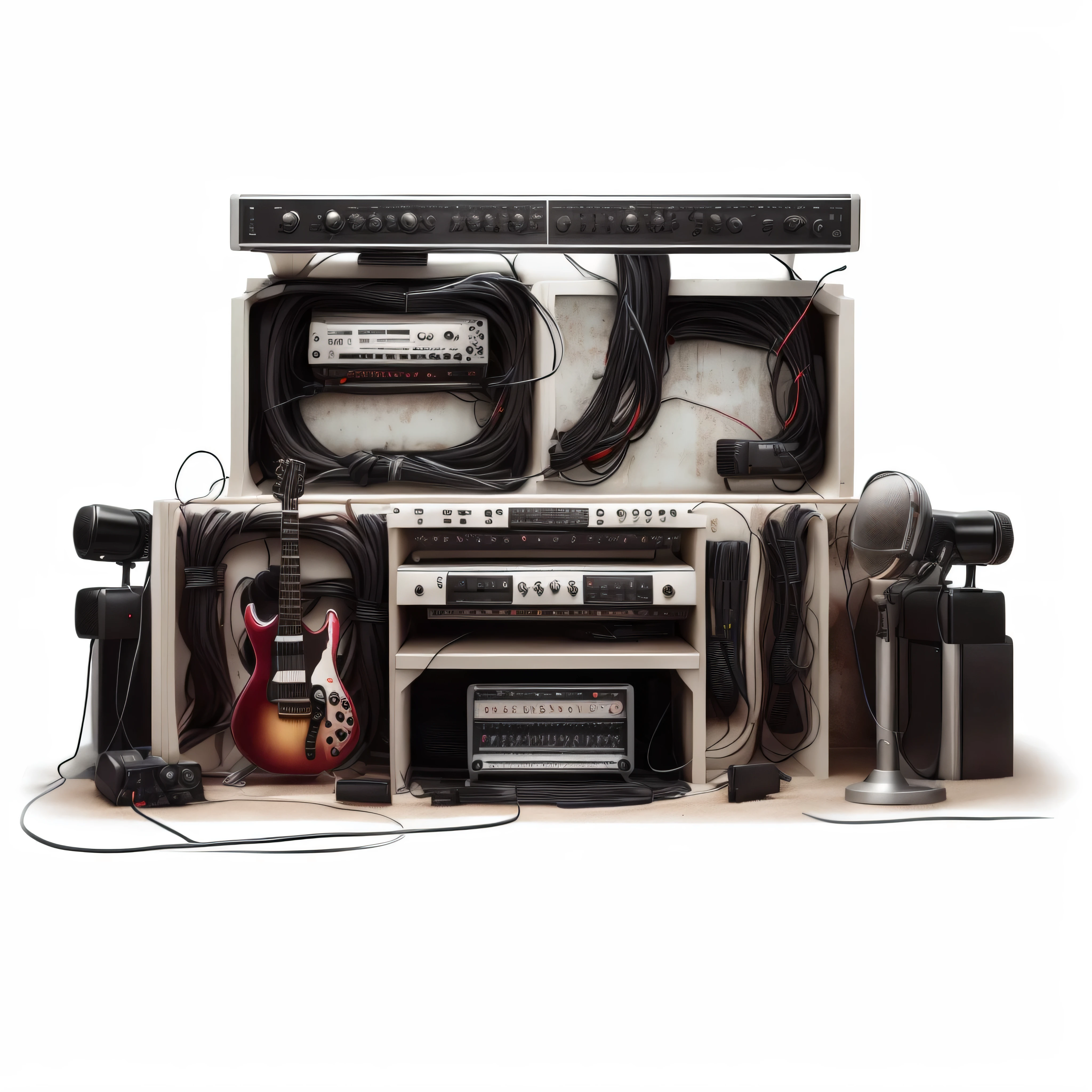 masterpiece，best quality，super detailed，Small stage，band，microphone，（electric guitar），mixer，vocal，keyboard，dark gothic pattern，（vocal）earphone，Indoor light，vacuum tube，white sand。microphone线，Guitar cable